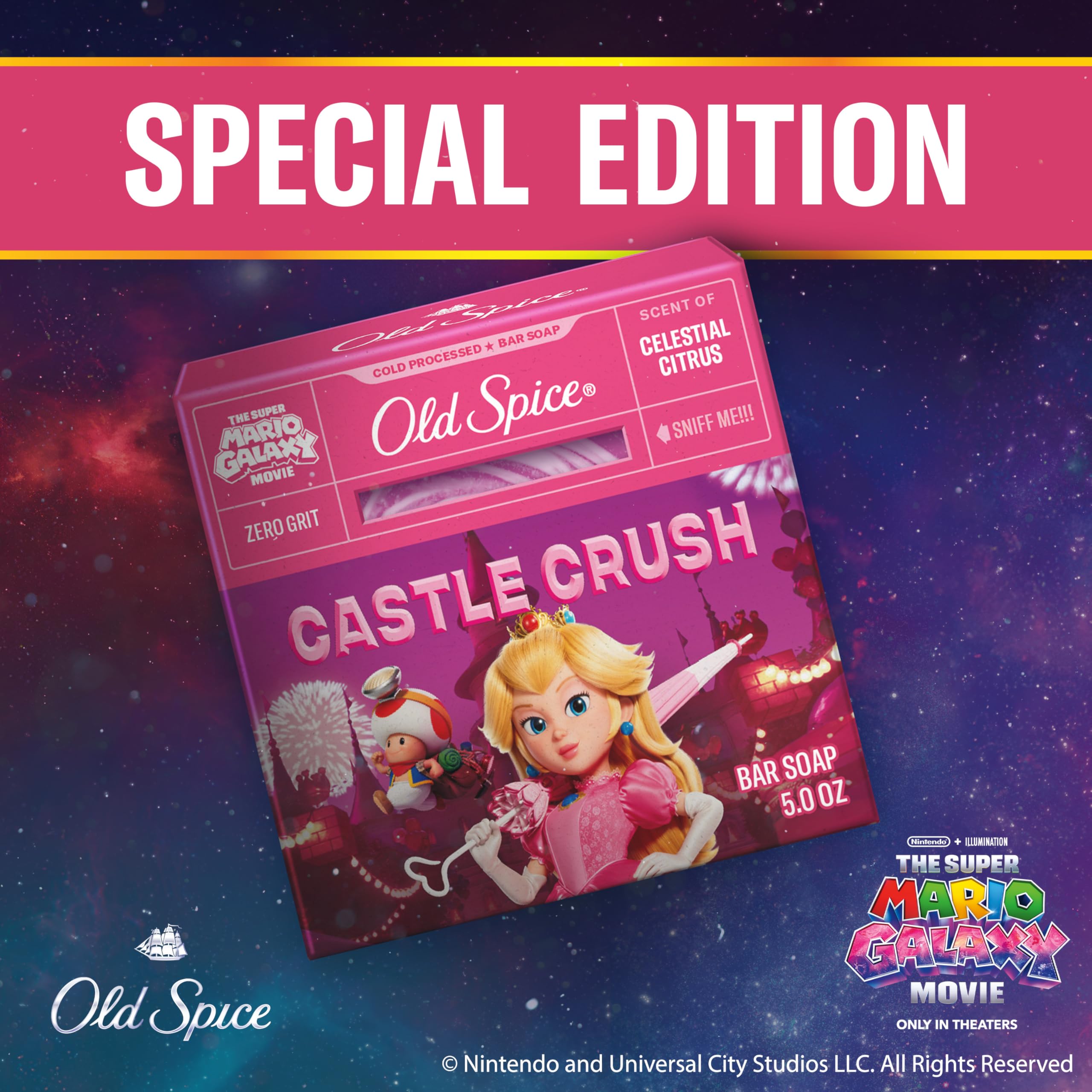 Old Spice Castle Crush packaging shows Mario Galaxy tie-in for collectible value.