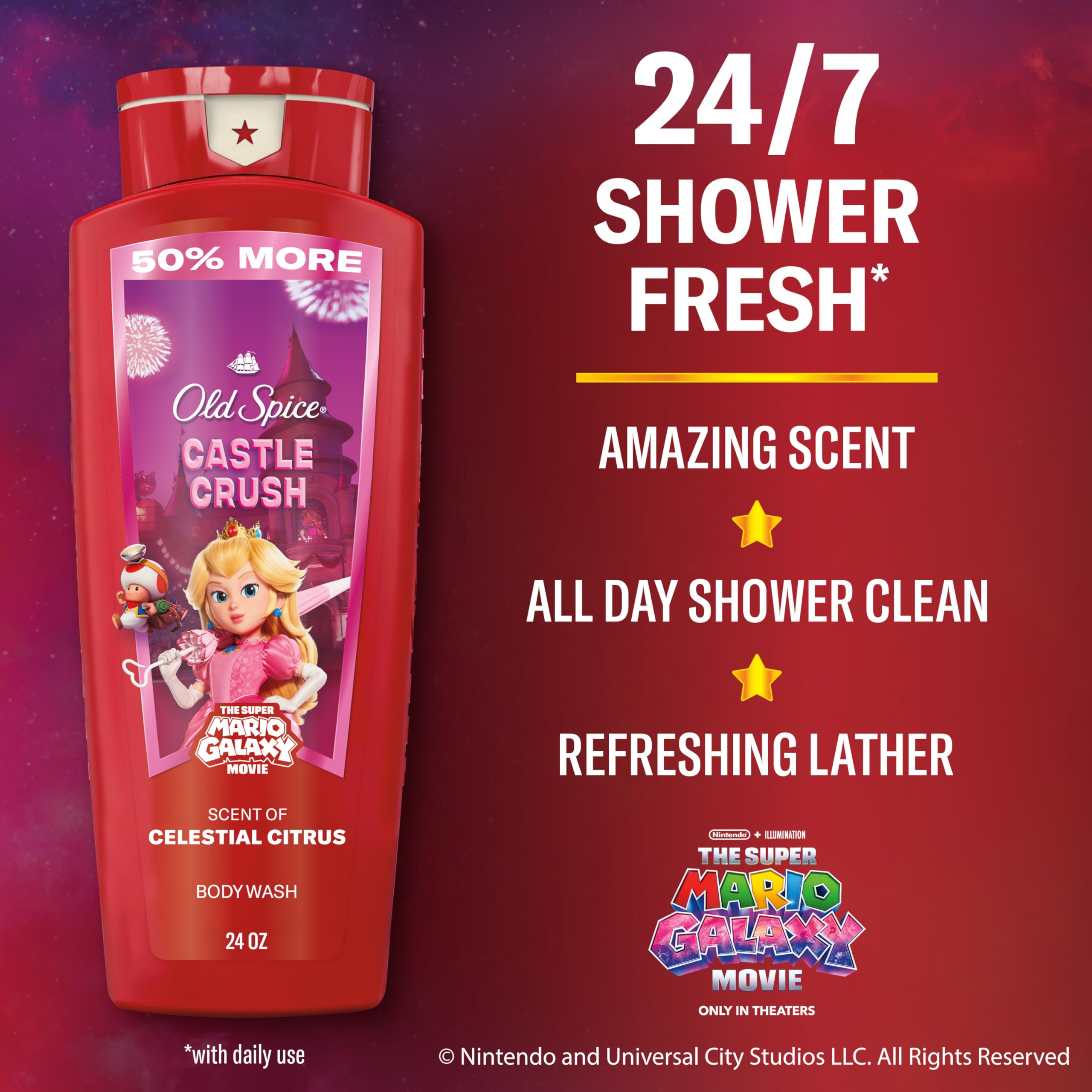 Old Spice Castle Crush packaging shows Mario Galaxy collaboration enhancing daily grooming routine.