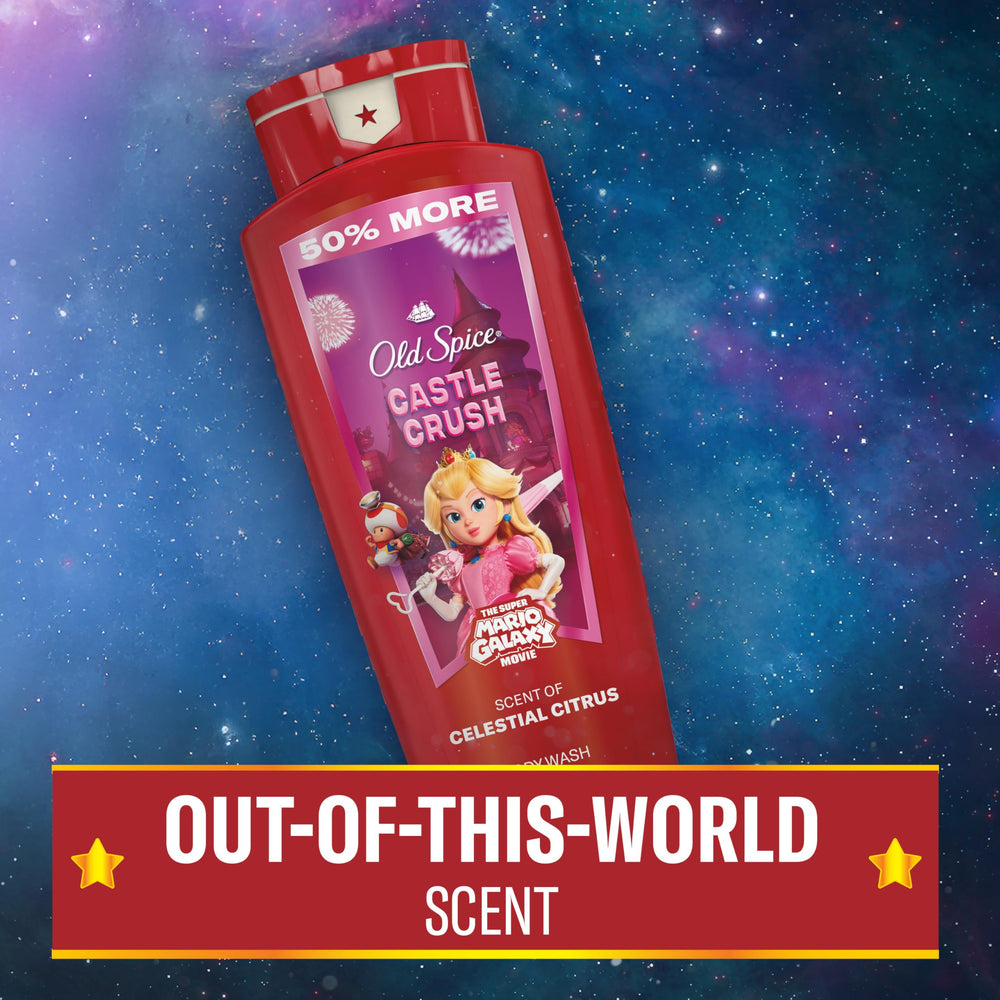 Old Spice Castle Crush foamy lather pouring from bottle during morning shower.