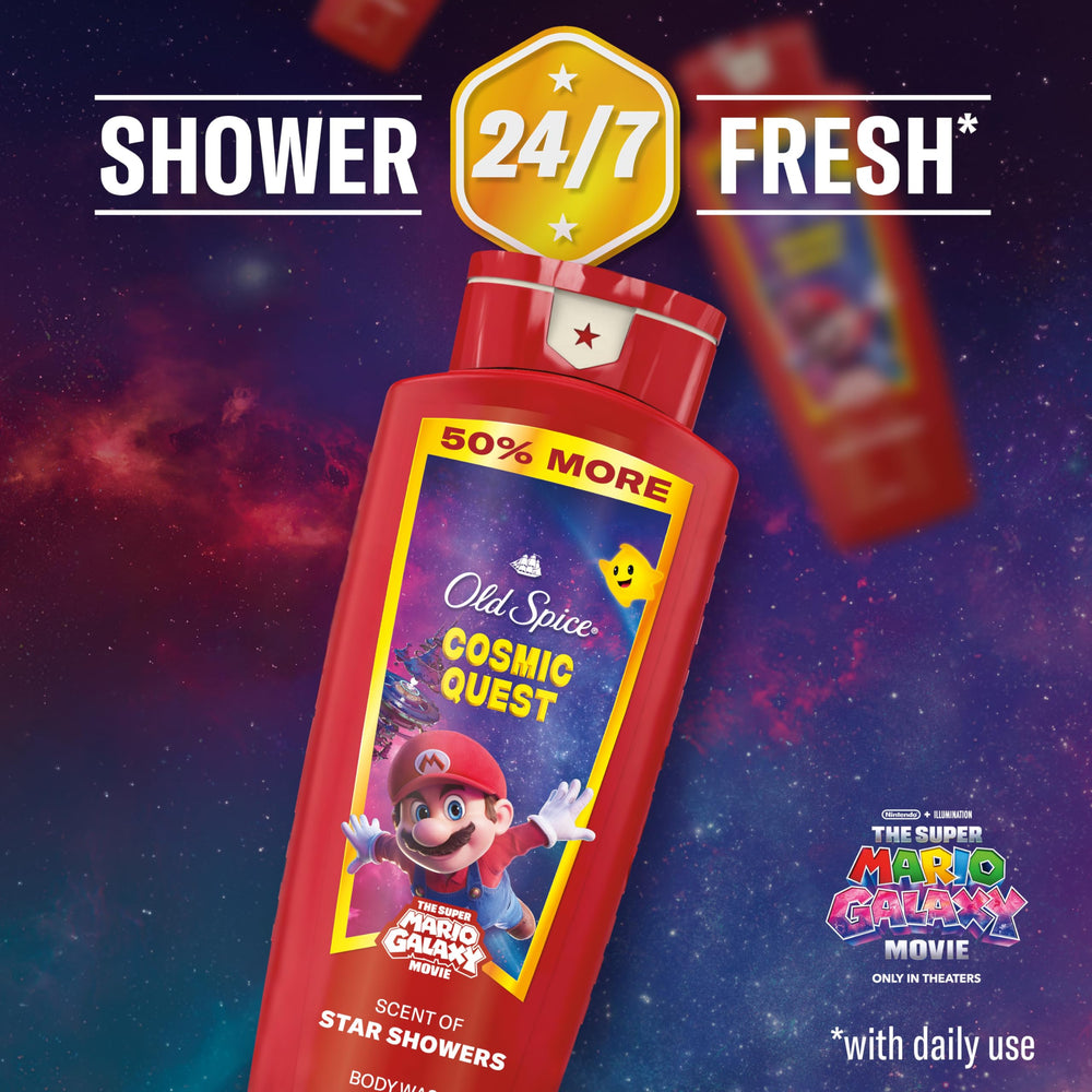 Old Spice Cosmic Quest 3X Defense graphic showcases lasting freshness.