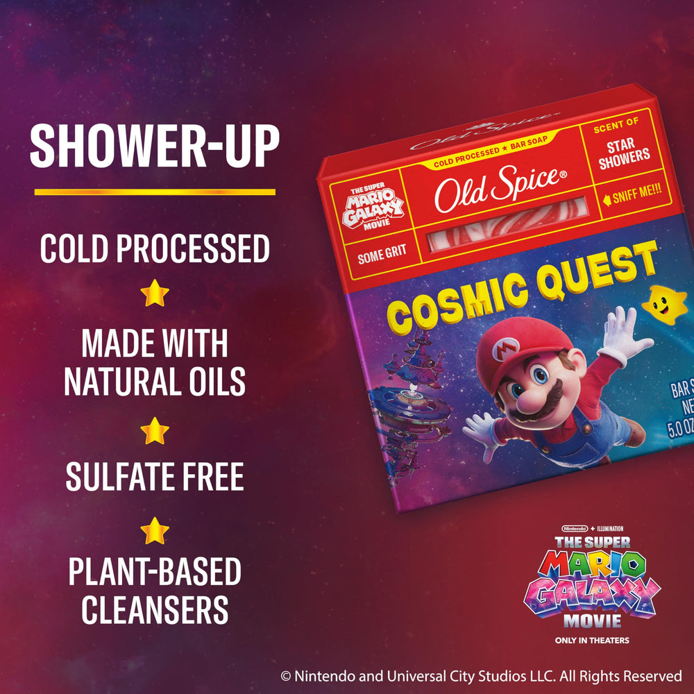 Old Spice Cosmic Quest bar on shower shelf with Special Edition packaging.