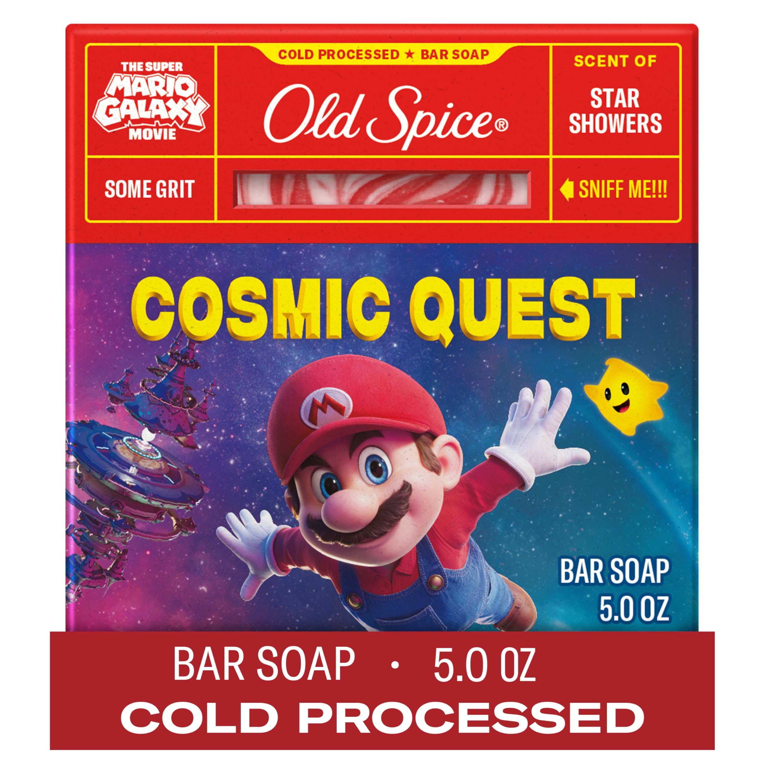 Old Spice Cosmic Quest bar soap close-up with Juicy Pear and Cedarwood aroma.