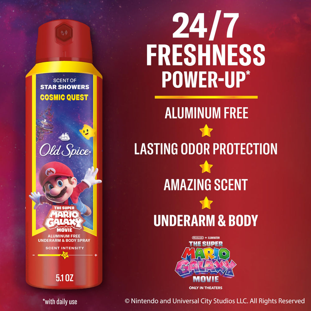 Cosmic Quest bottle close-up showing Star Showers scent and aluminum-free formula.