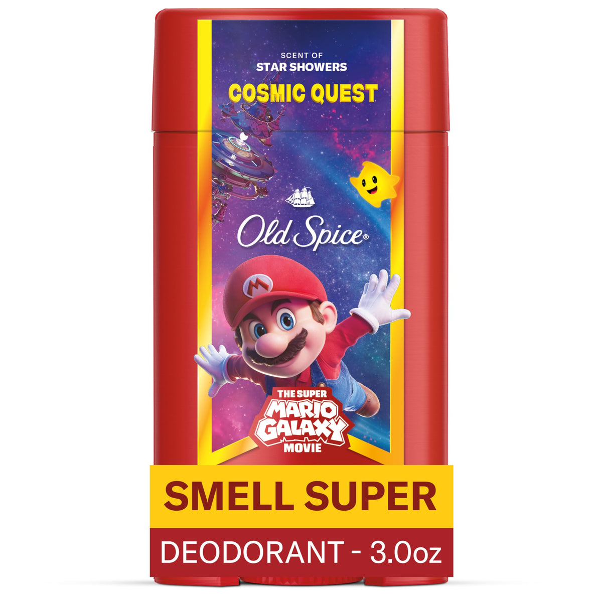 Old Spice Cosmic Quest deodorant stick delivers long-lasting freshness.