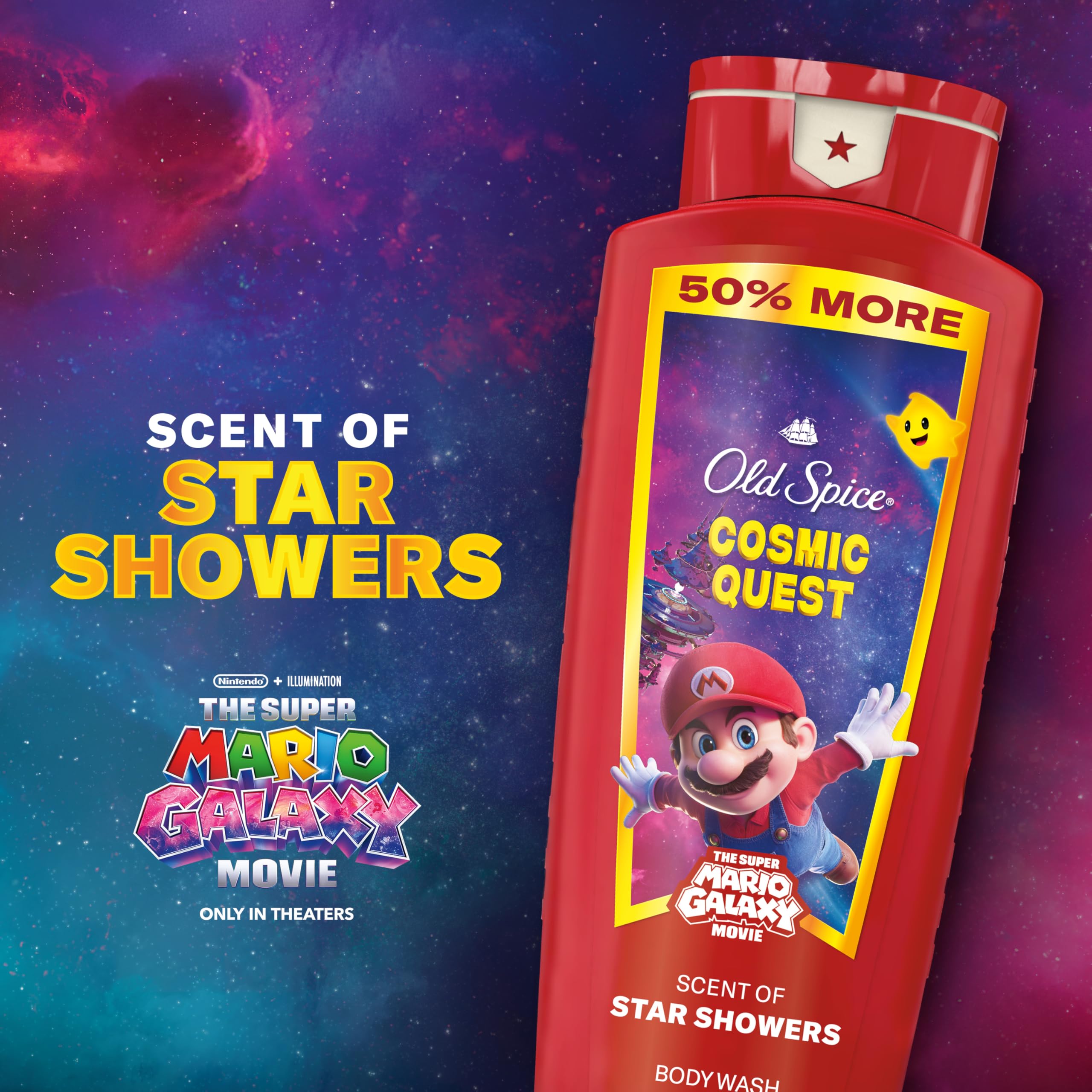Old Spice Cosmic Quest Star Showers label highlighting space-inspired scent.