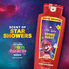 Old Spice Cosmic Quest Star Showers label highlighting space-inspired scent.