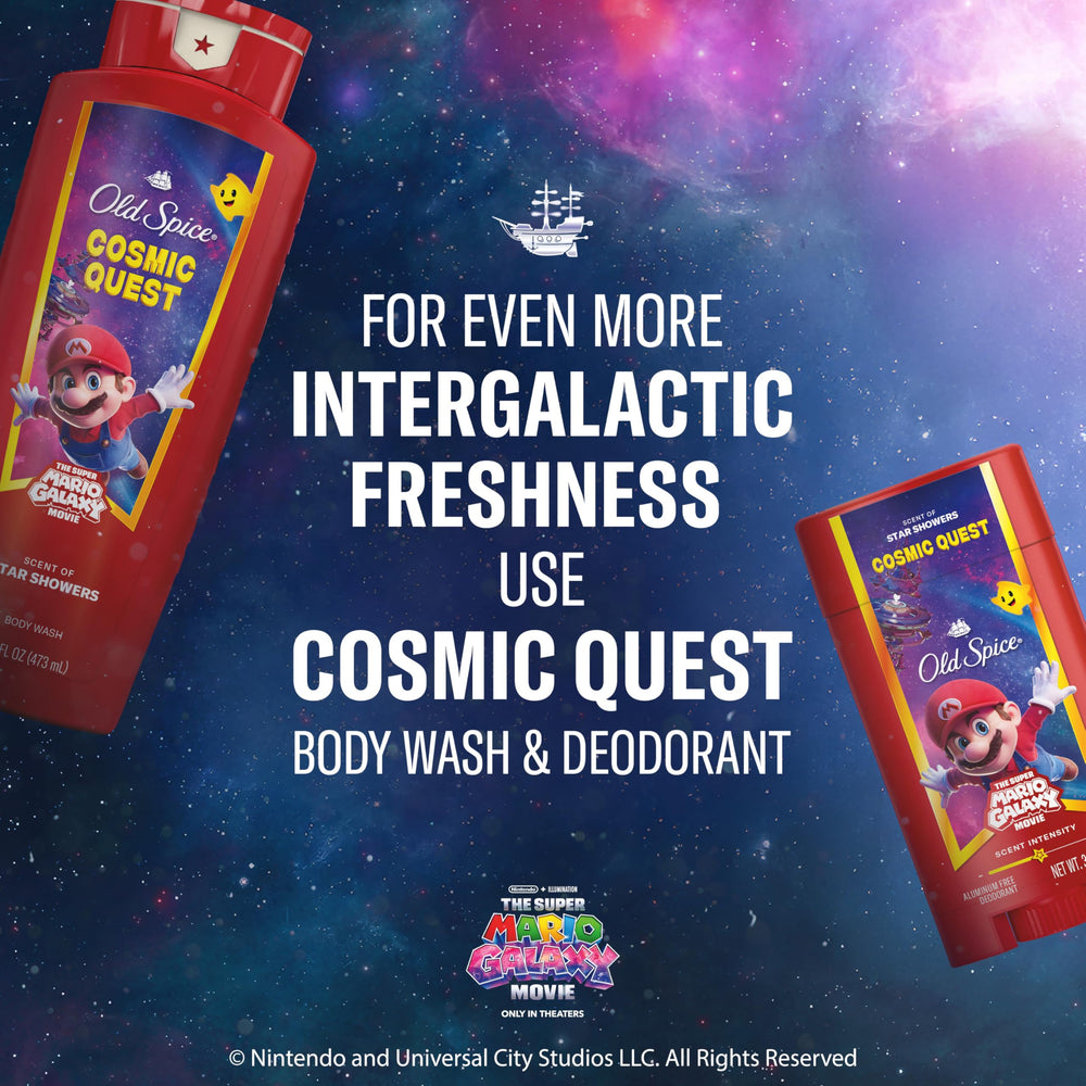 Old Spice Cosmic Quest travel-size banner showing size and portability.