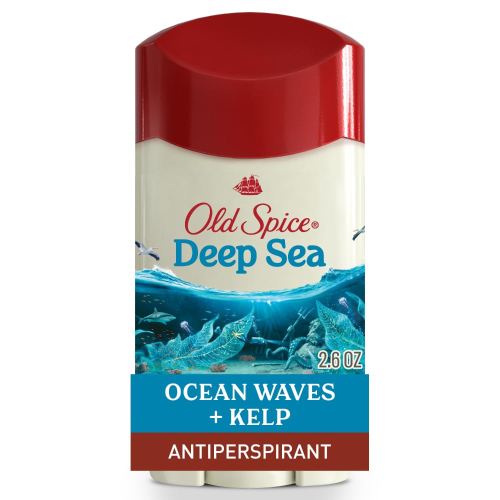 Old Spice Deep Sea bottle front conveys bold branding and lasting freshness.