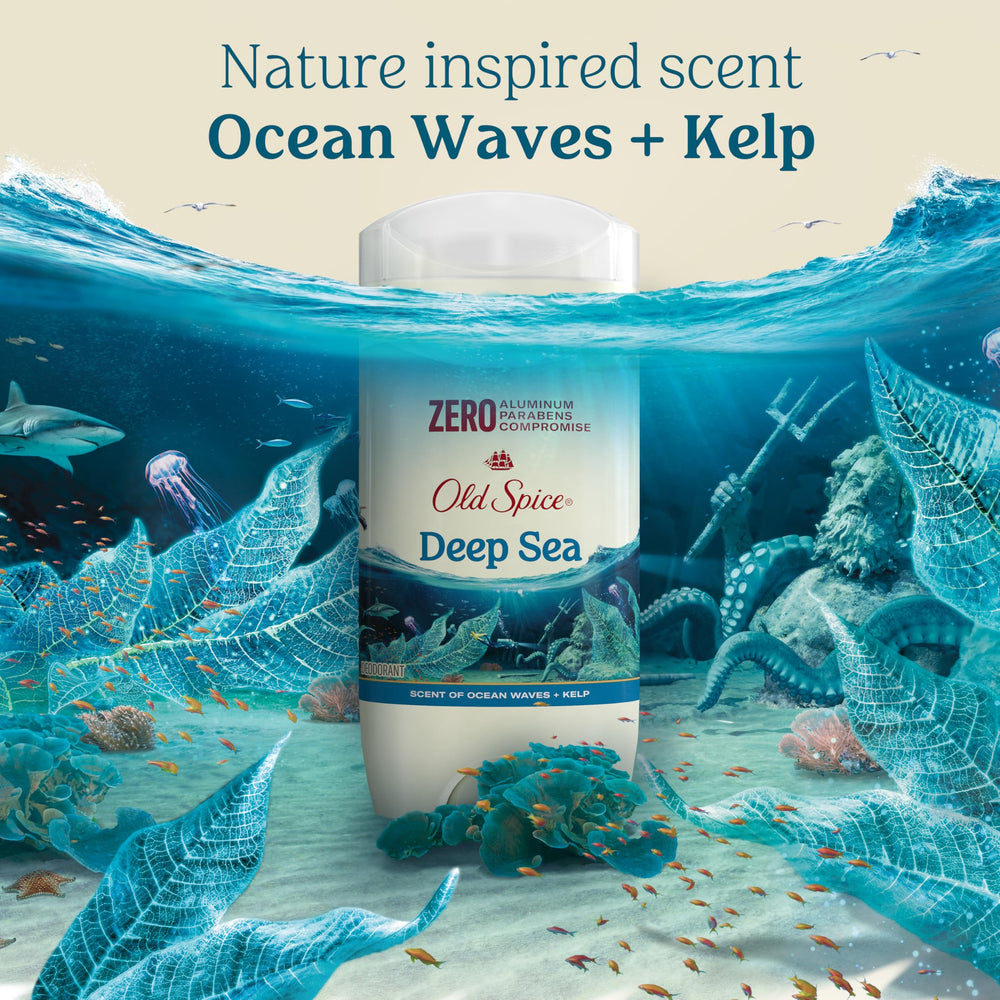 Old Spice Deep Sea 3-pack display illustrates value and convenience.