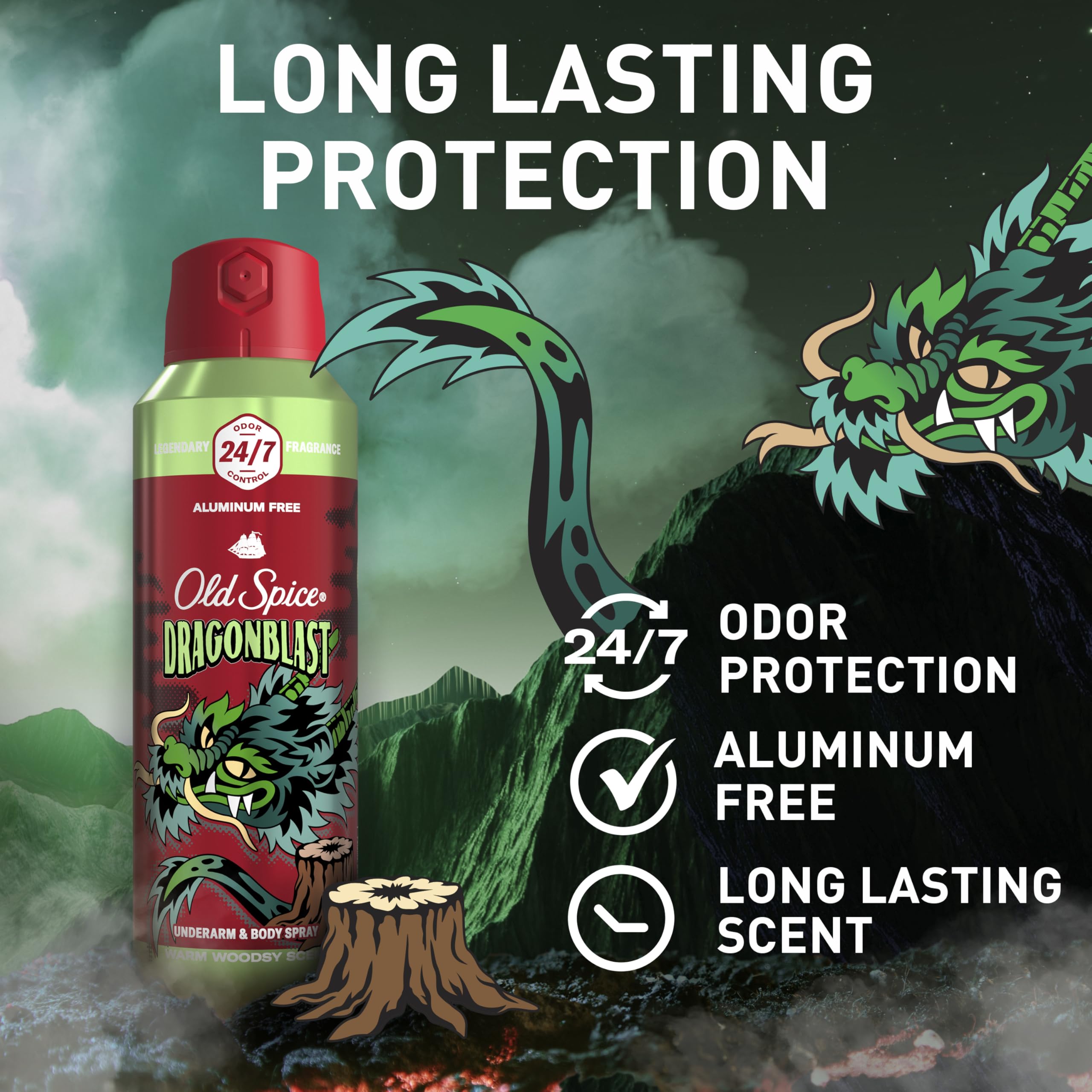 Old Spice Dragonblast bottle back reveals aluminum-free formula for odor protection and confidence.