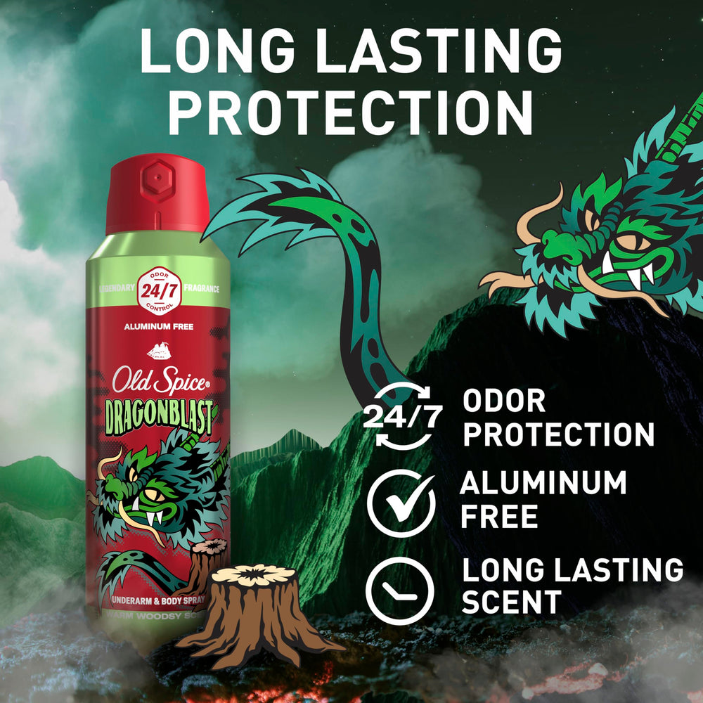 Old Spice Dragonblast bottle back reveals aluminum-free formula for odor protection and confidence.
