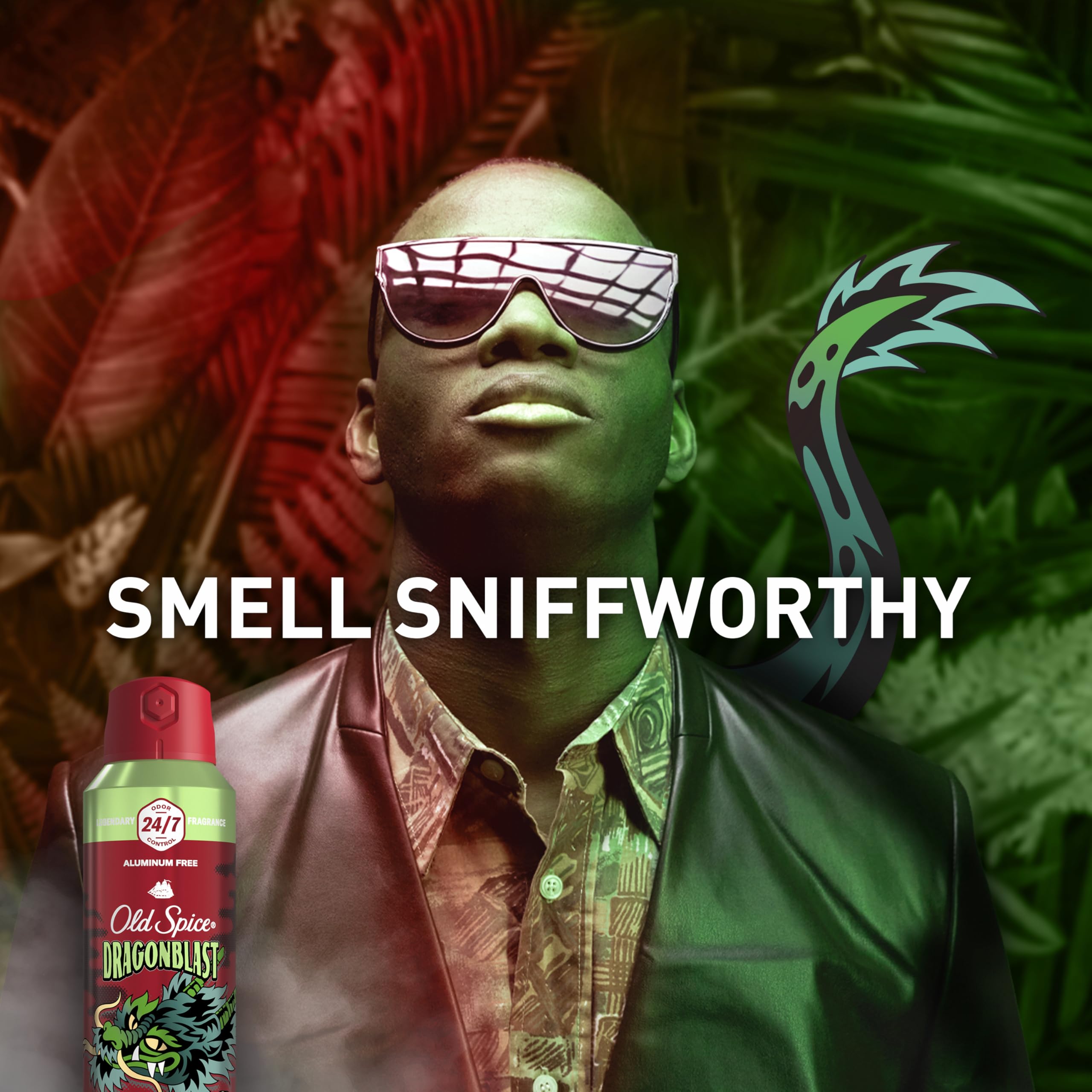Old Spice Dragonblast label close-up highlights sandalwood and vanilla notes for everyday wear.