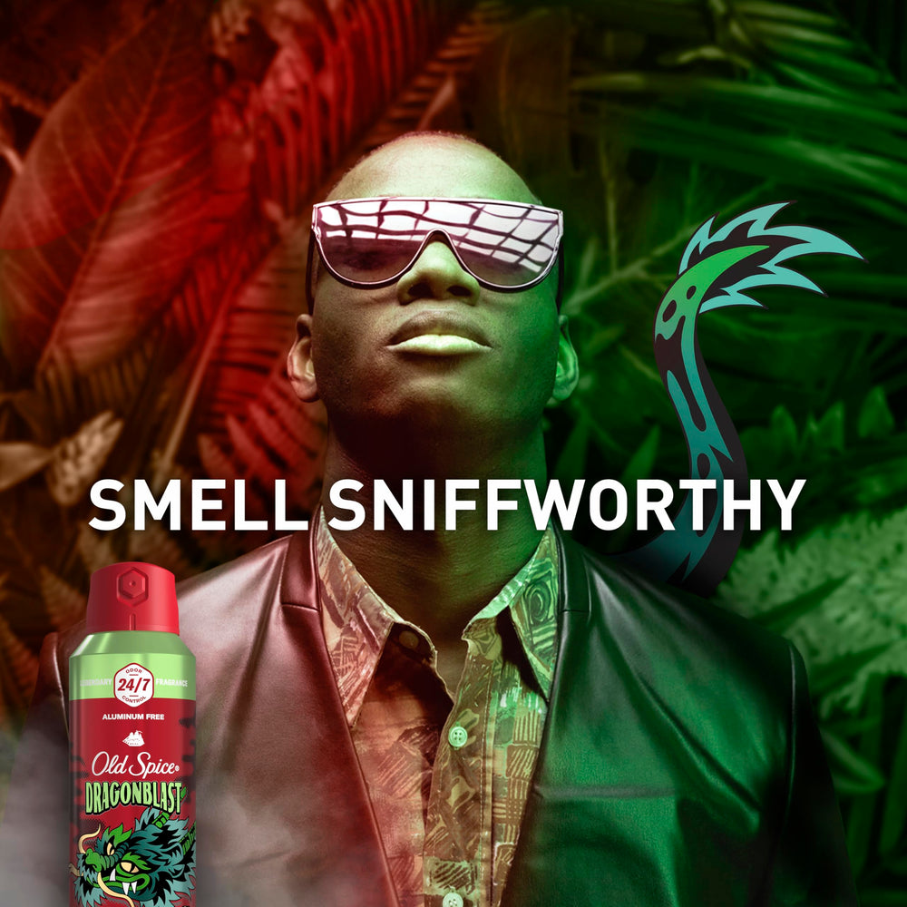Old Spice Dragonblast label close-up highlights sandalwood and vanilla notes for everyday wear.