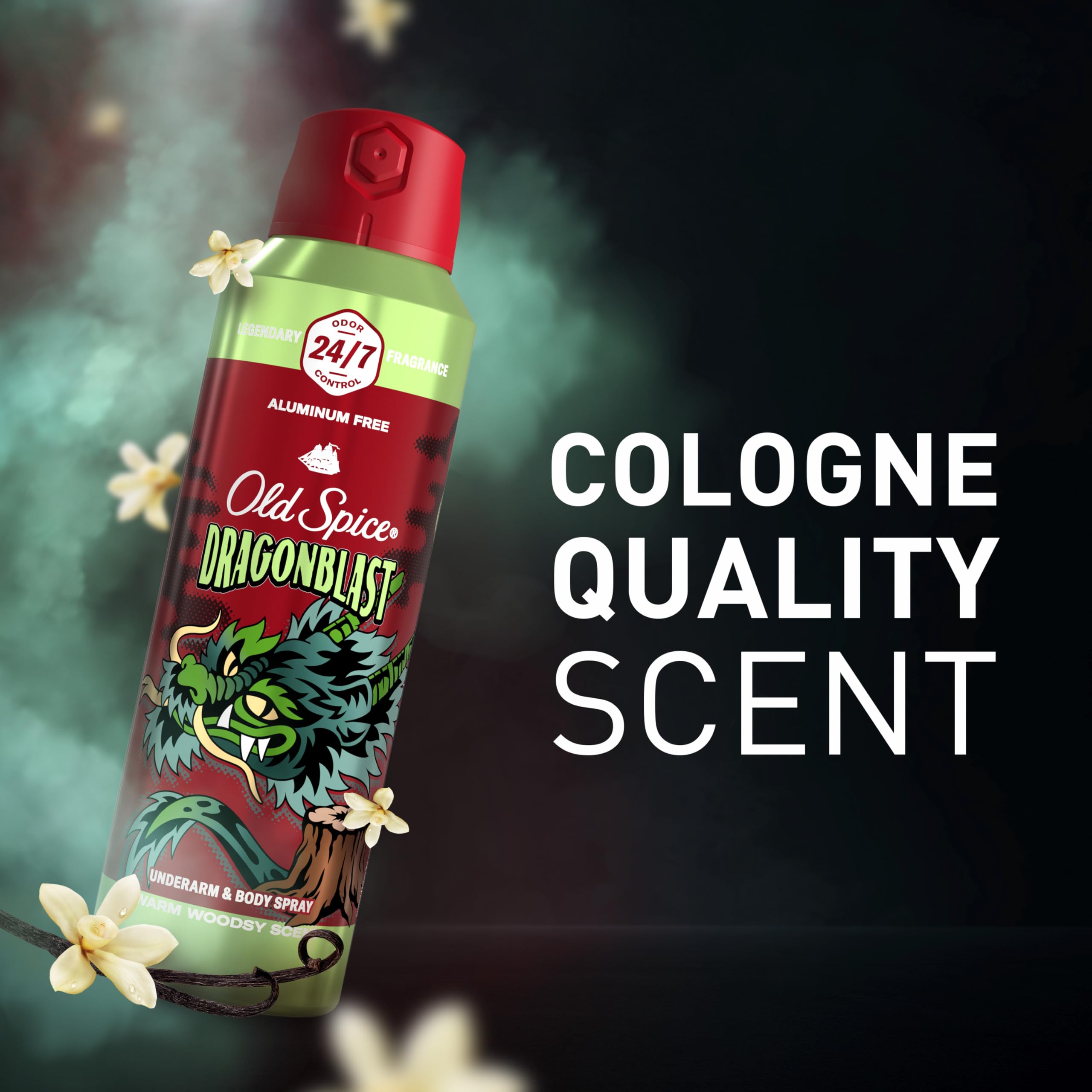 Old Spice Dragonblast scent notes provide a warm woodsy profile for versatile wear.