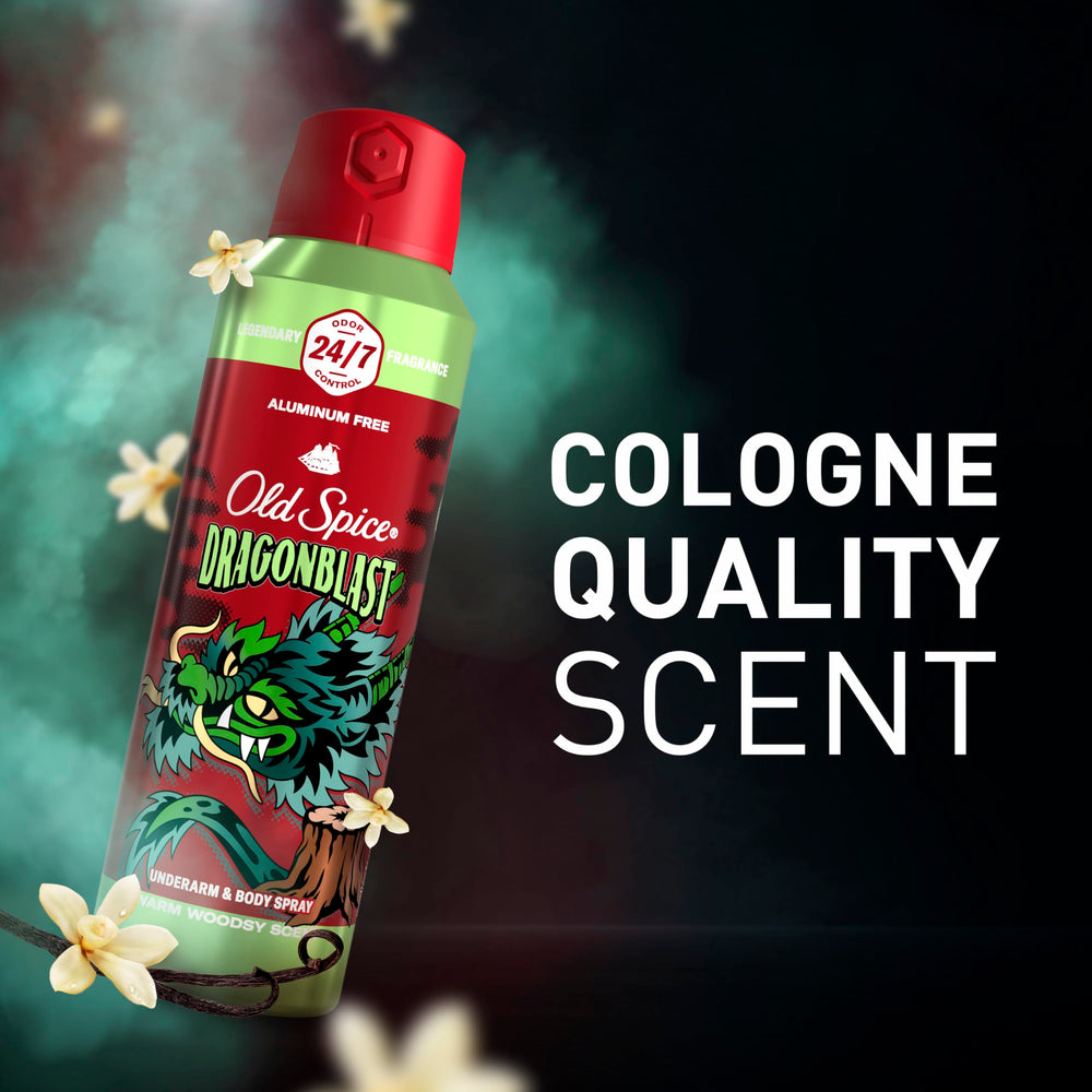 Old Spice Dragonblast scent notes provide a warm woodsy profile for versatile wear.
