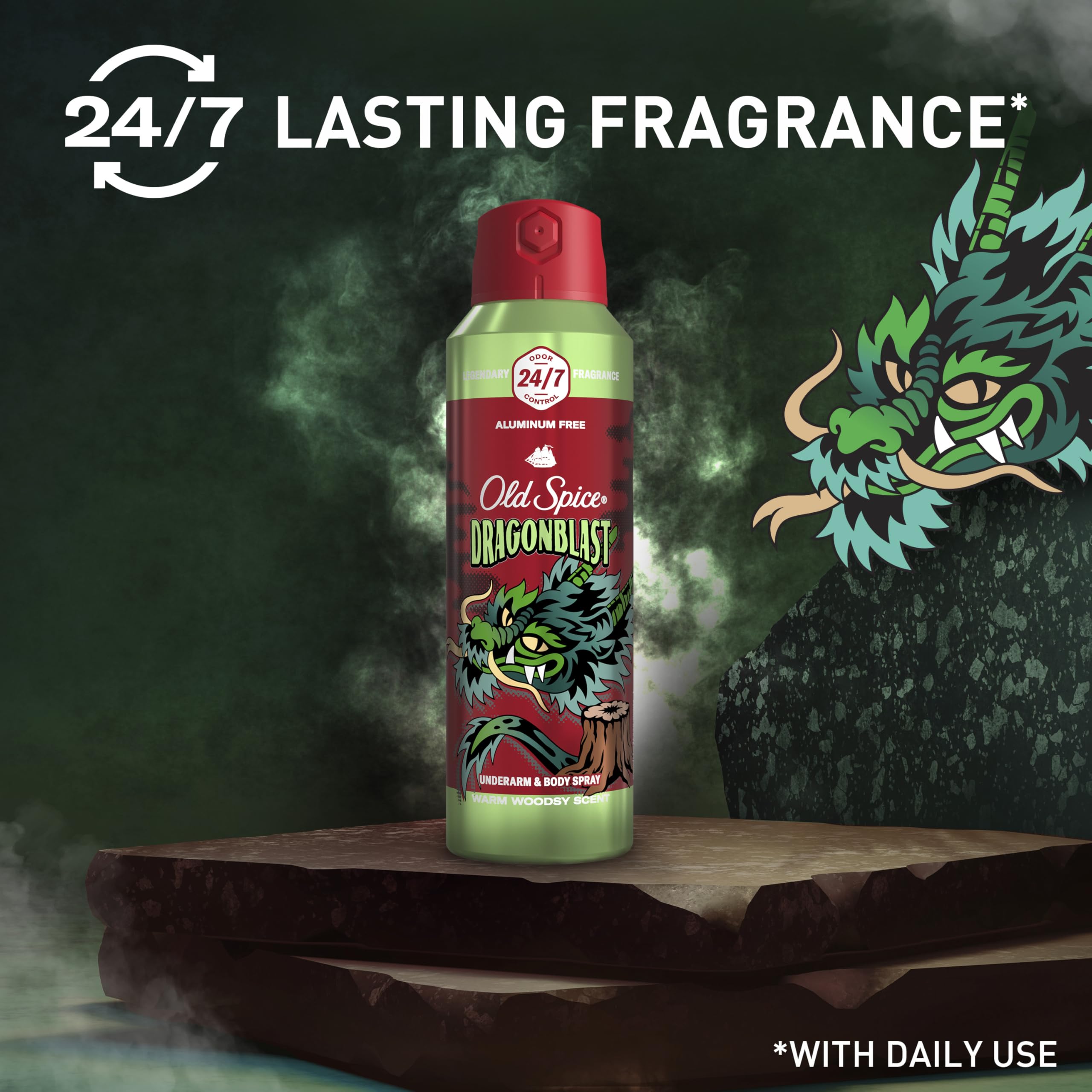 Old Spice Dragonblast spray in action demonstrates quick odor-fighting delivery for active days.