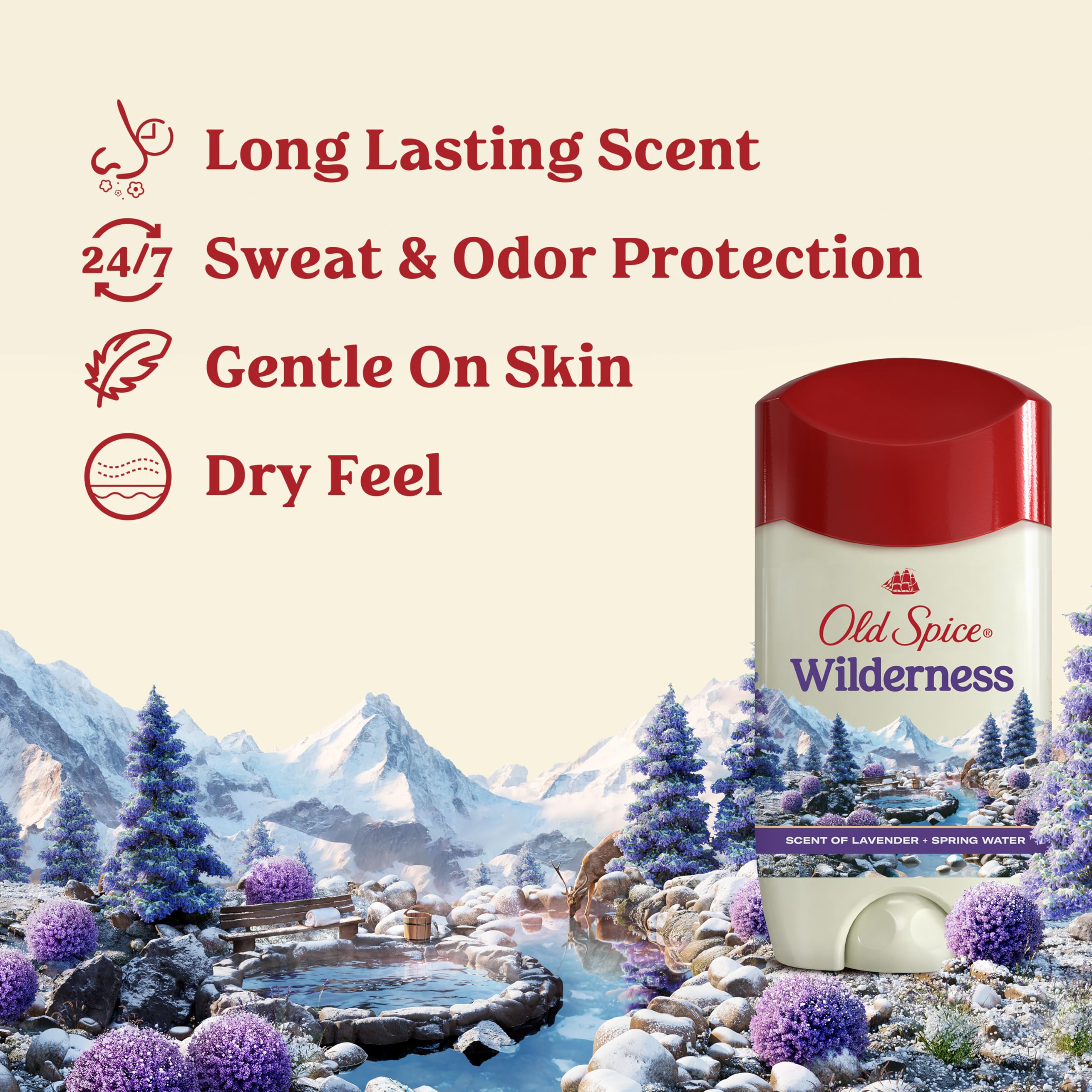 Old Spice Dry Feel bottle side highlights skin-friendly formula.