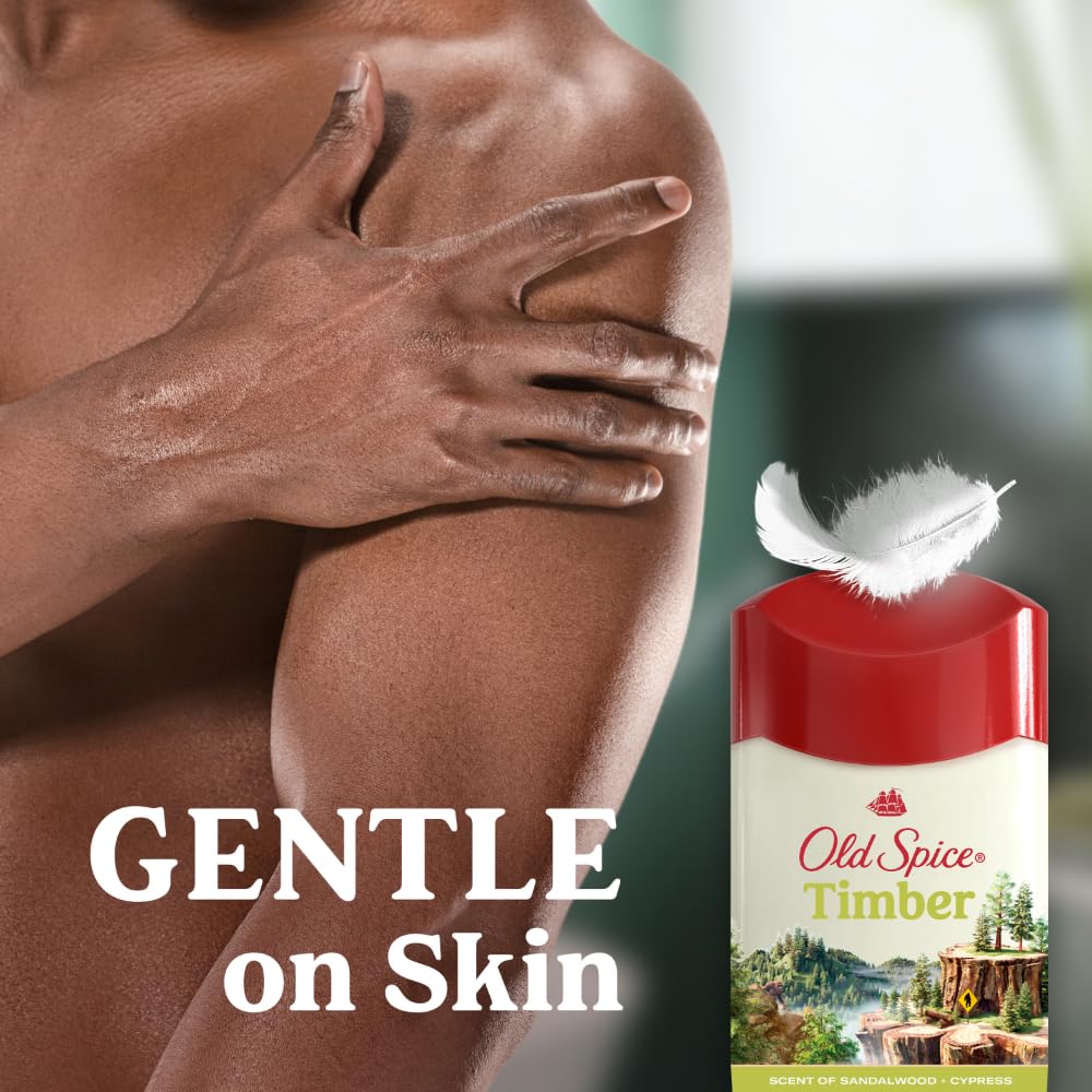 Old Spice Dry Feel sandalwood label emphasizes masculine, nature-inspired scent.