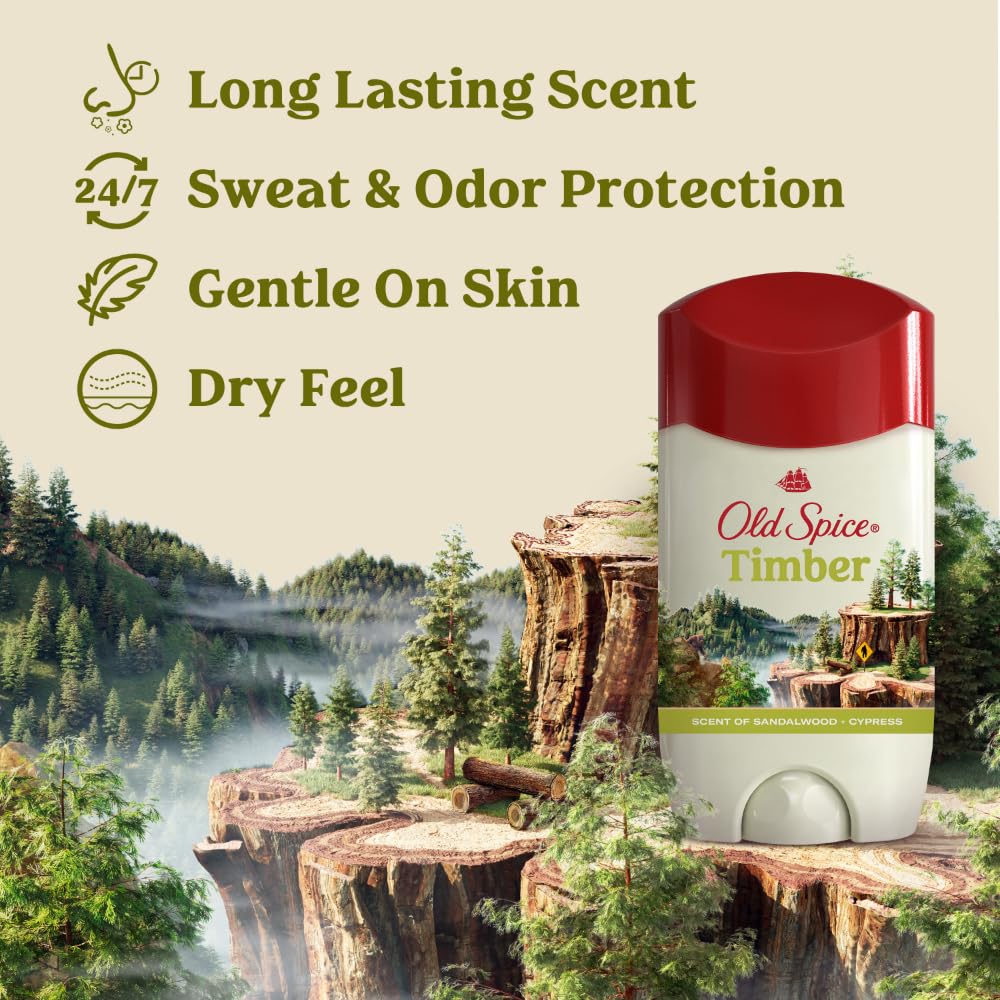 Old Spice Dry Feel timber bottle back view highlights gentle skin conditioners.
