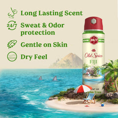 Old Spice Fiji Dry Spray bottle back highlighting skin conditioners for gentle wear.