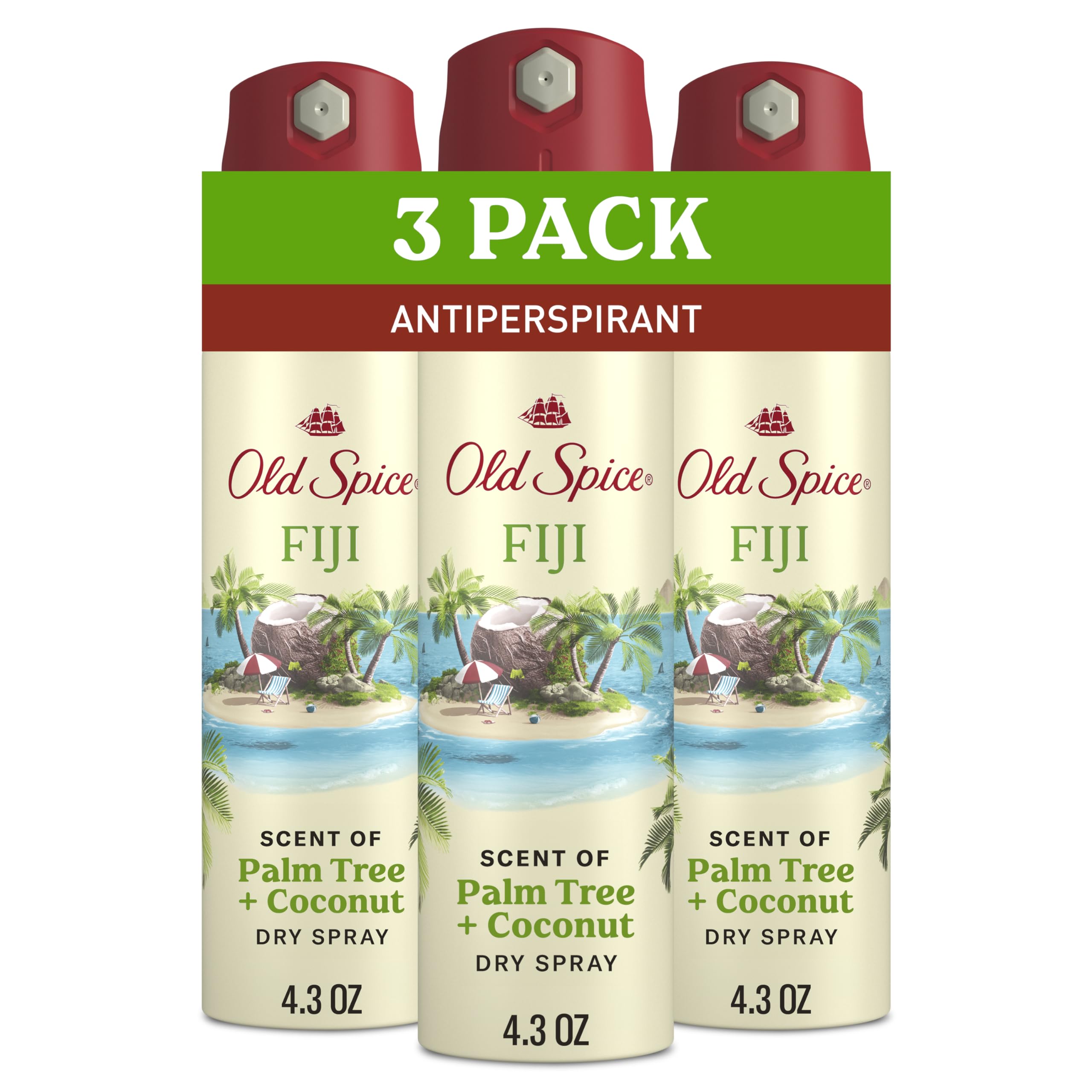 Old Spice Fiji Dry Spray bottle front with palm tree design for lasting freshness.