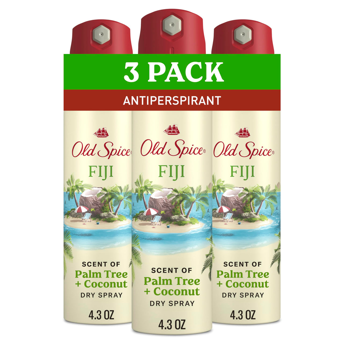 Old Spice Fiji Dry Spray bottle front with palm tree design for lasting freshness.