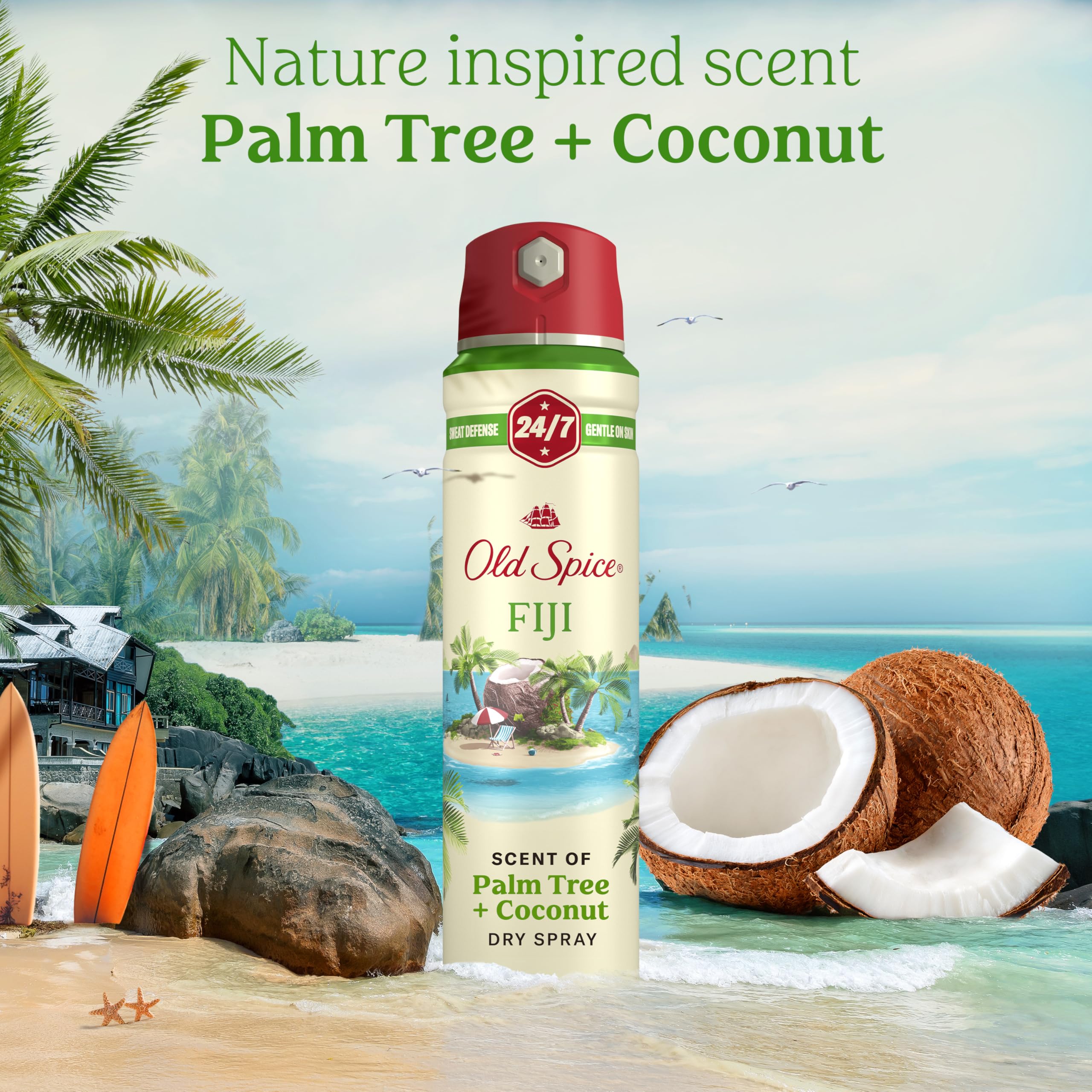 Old Spice Fiji Dry Spray highlights skin conditioners for comfortable use.