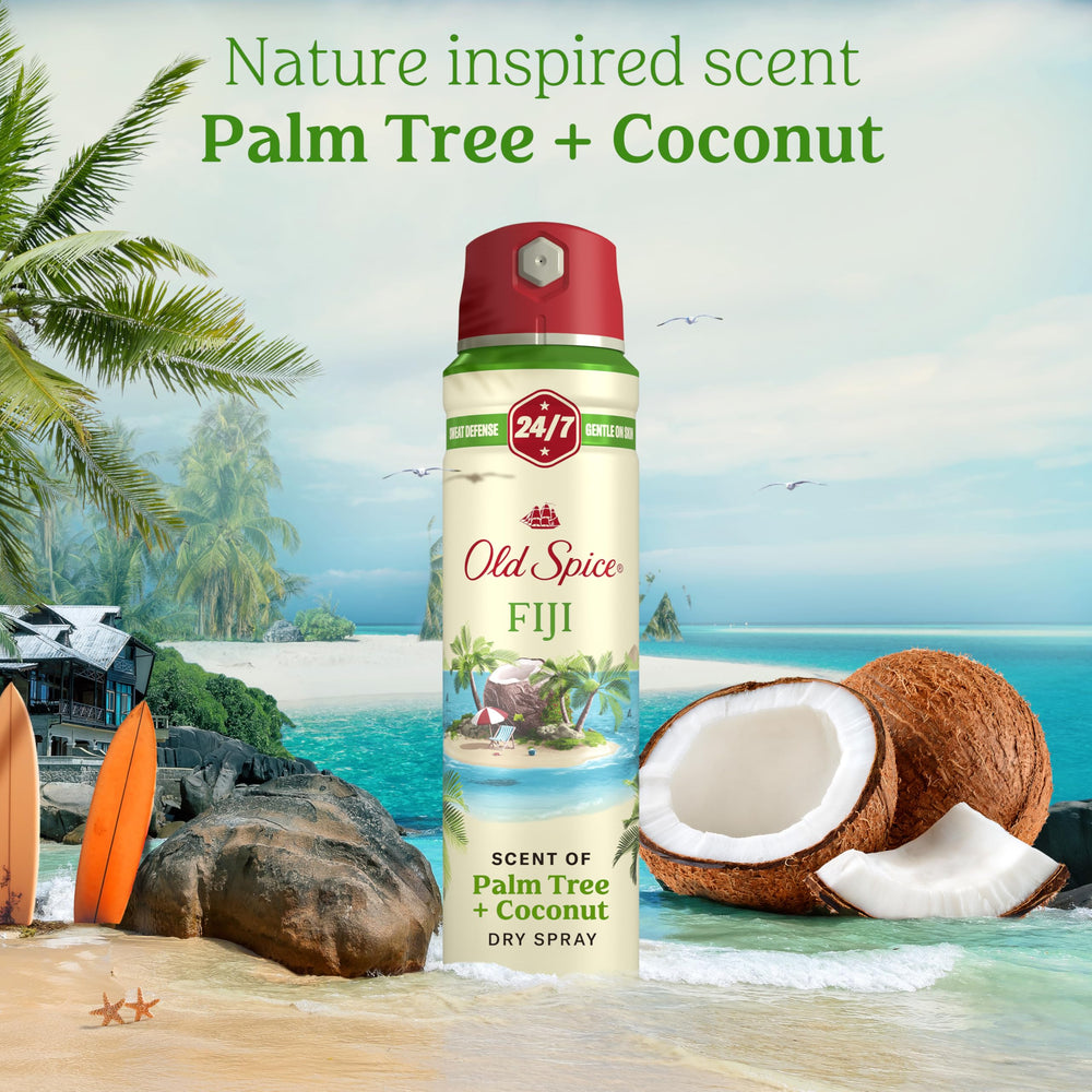 Old Spice Fiji Dry Spray highlights skin conditioners for comfortable use.