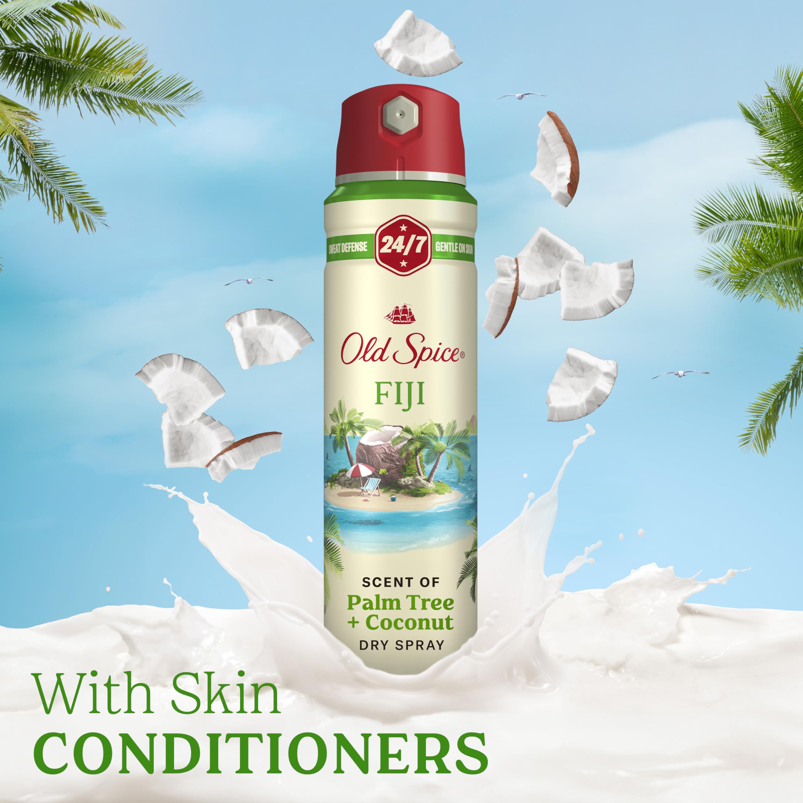 Person applying Old Spice Fiji Dry Spray underarm for day-long protection.