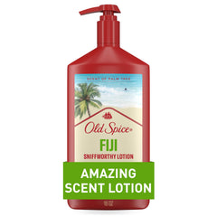 Old Spice Fiji lotion bottle showing palm tree scent for daily hydration.