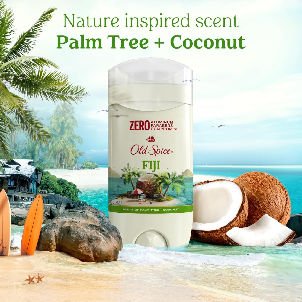 Old Spice Fiji packaging on shelf showing aluminum free formula