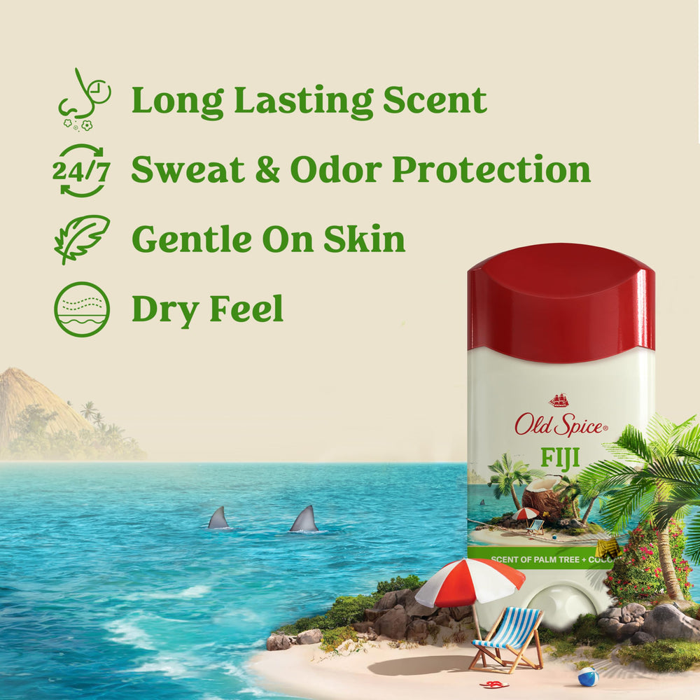 Old Spice Fiji packaging close-up with palm tree design.