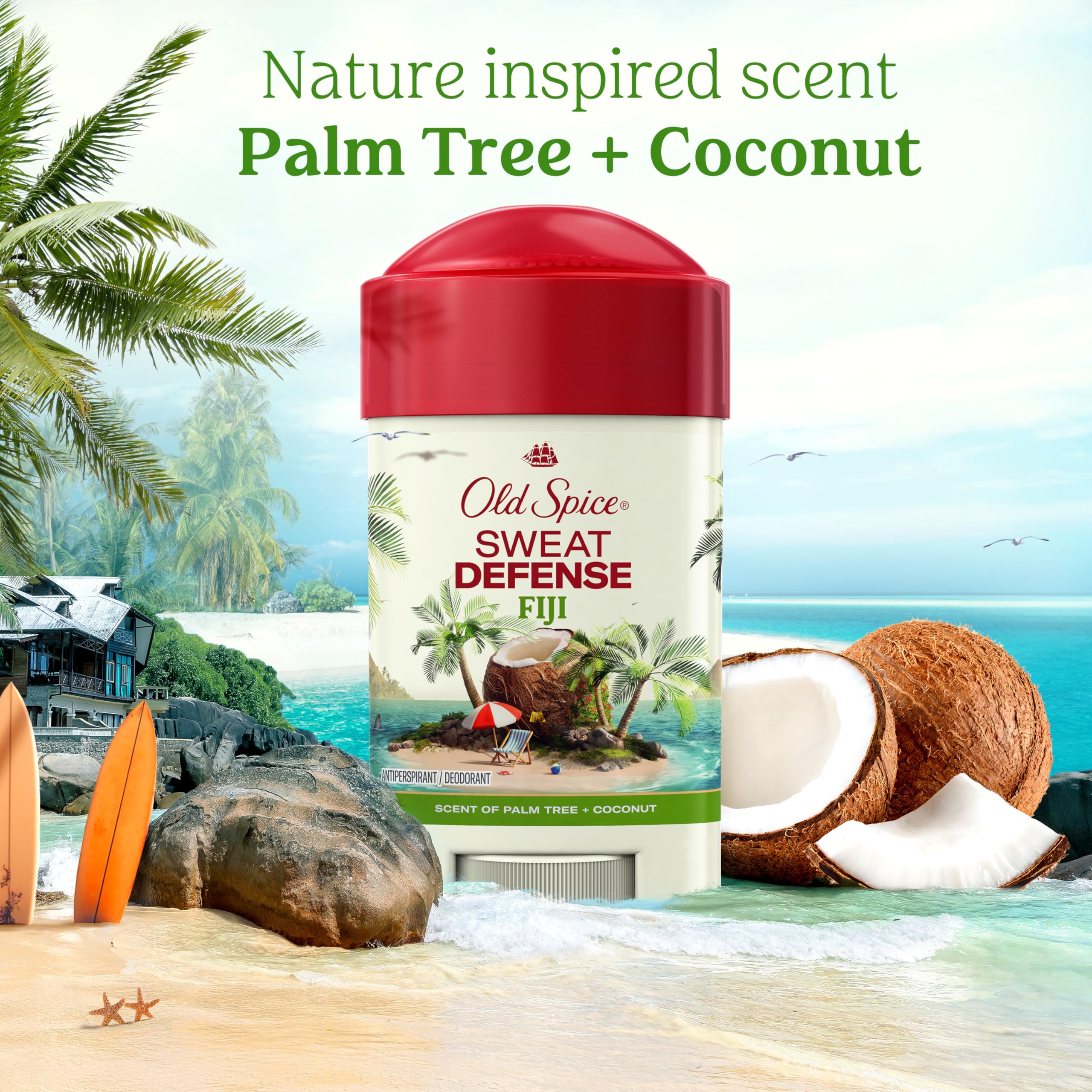 Fiji palm tree fragrance close-up on Old Spice product