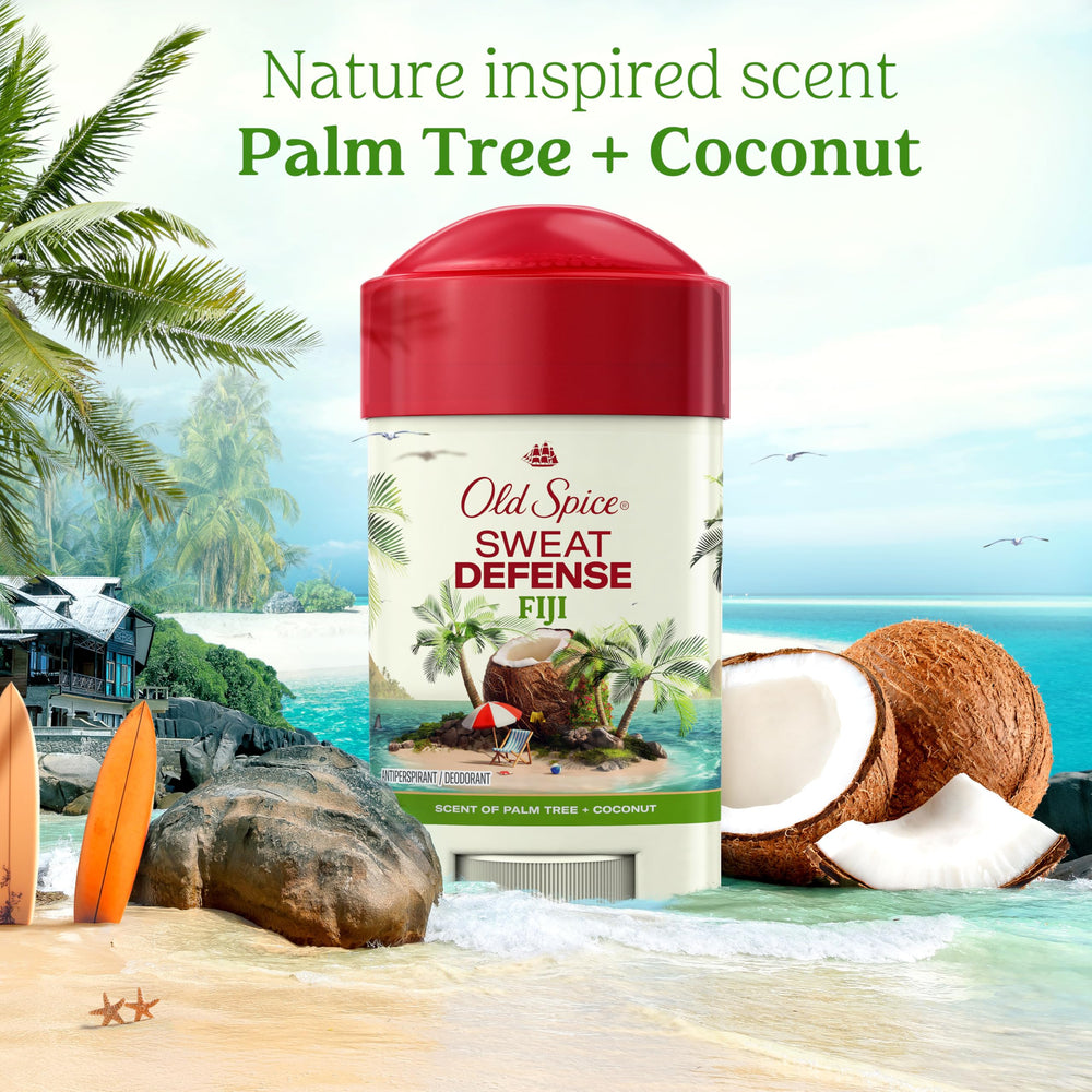 Fiji palm tree fragrance close-up on Old Spice product