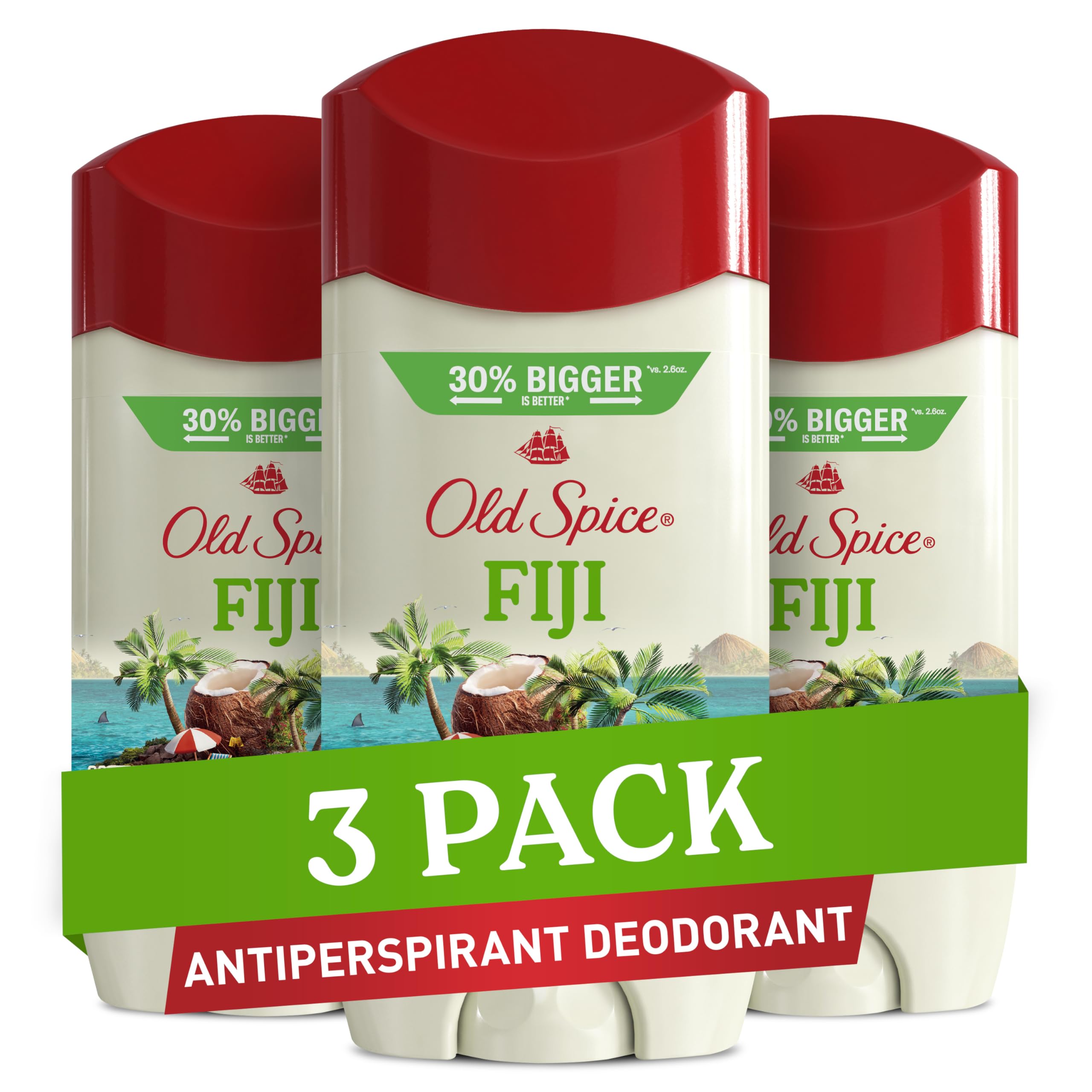 Old Spice Fiji palm tree scent solid antiperspirant for all-day freshness.