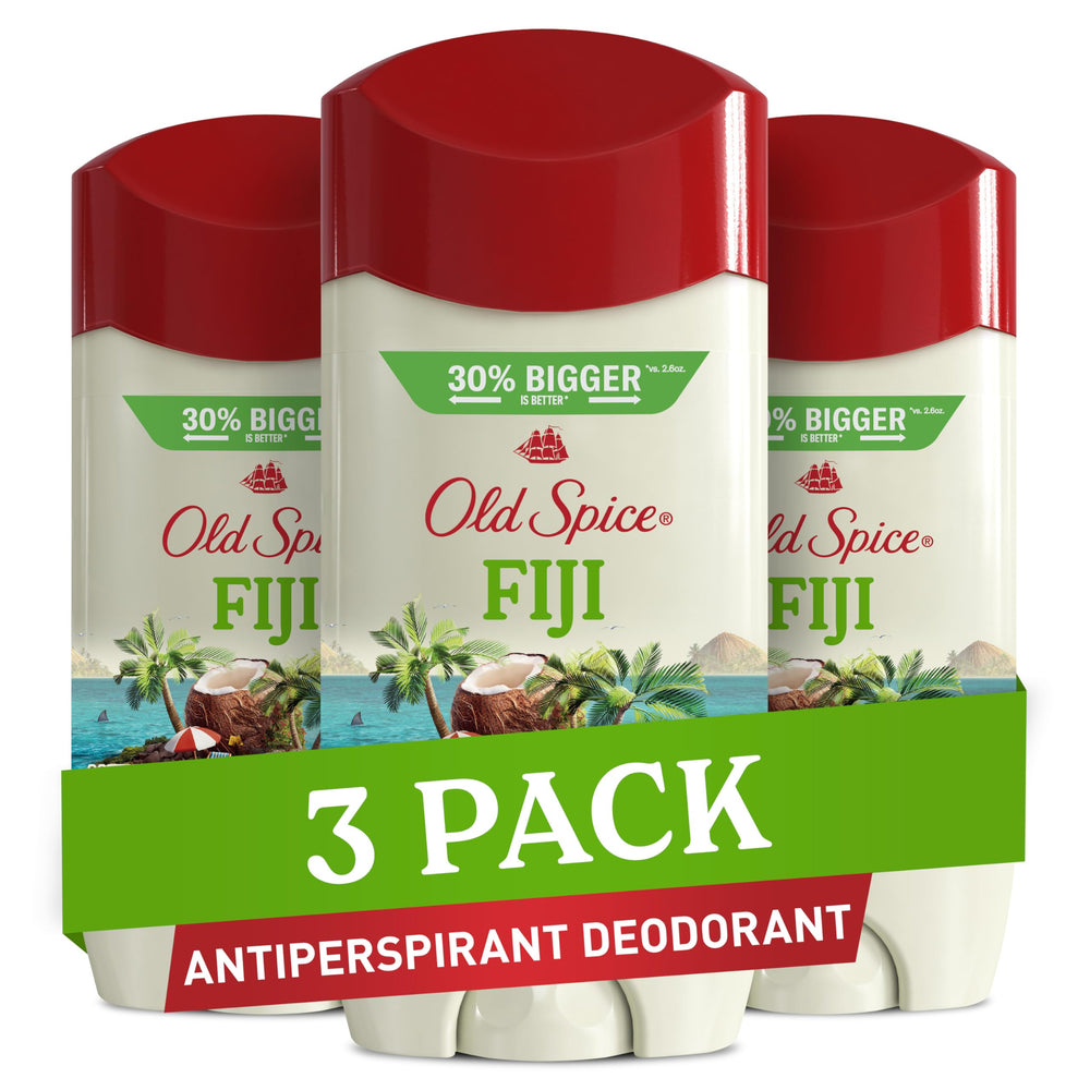 Old Spice Fiji palm tree scent solid antiperspirant for all-day freshness.