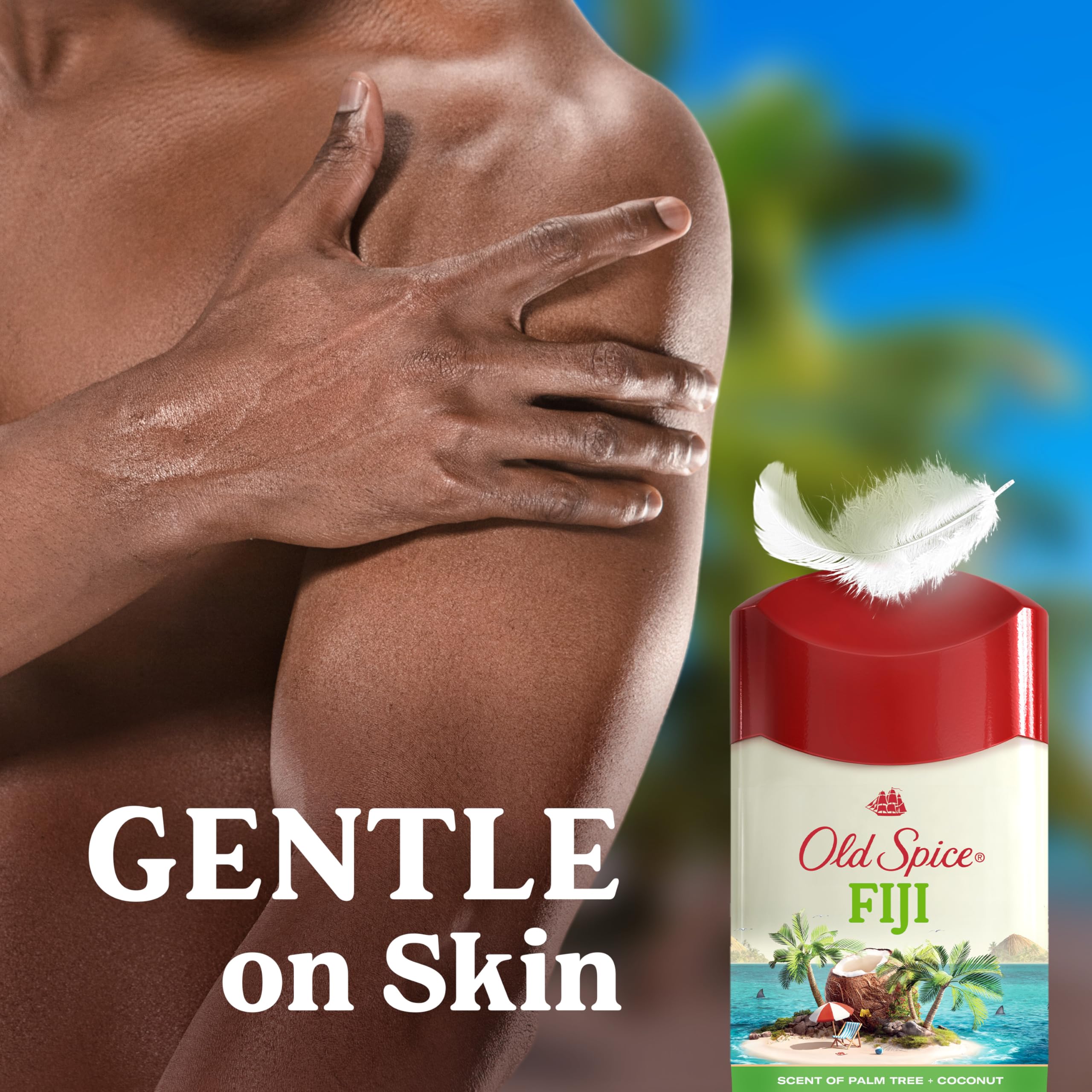 Old Spice Fiji scent label hints at tropical coconut notes.