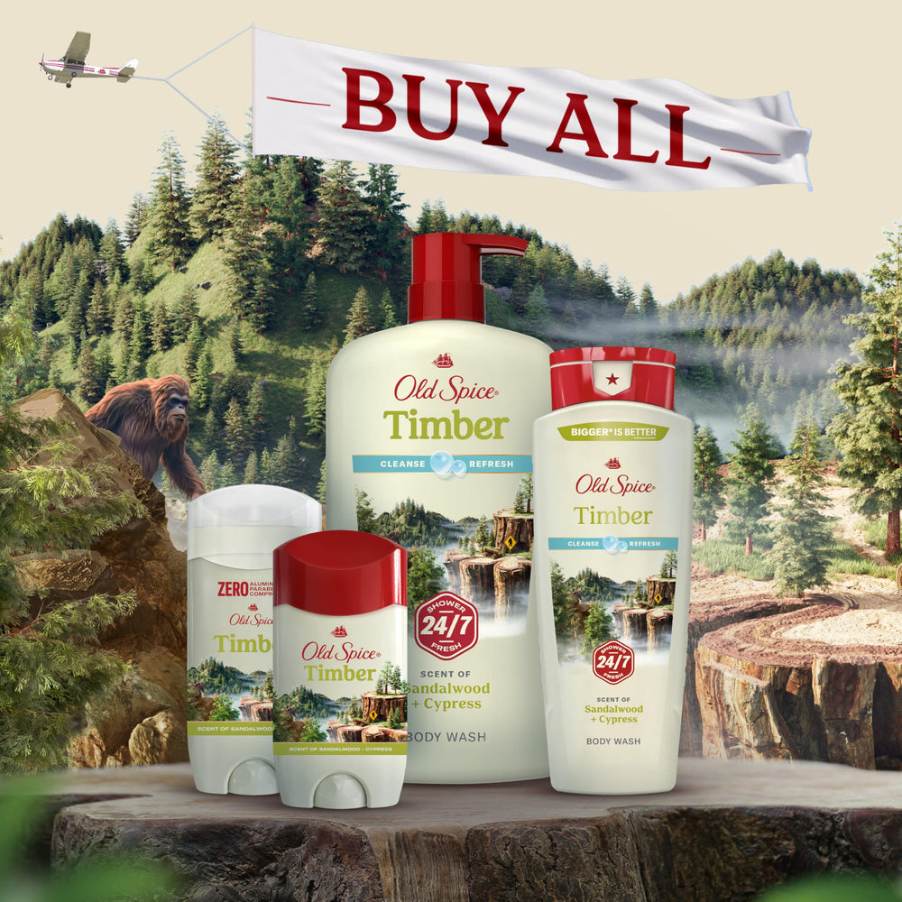 Old Spice Fresher collection packaging with rugged outdoor vibe.