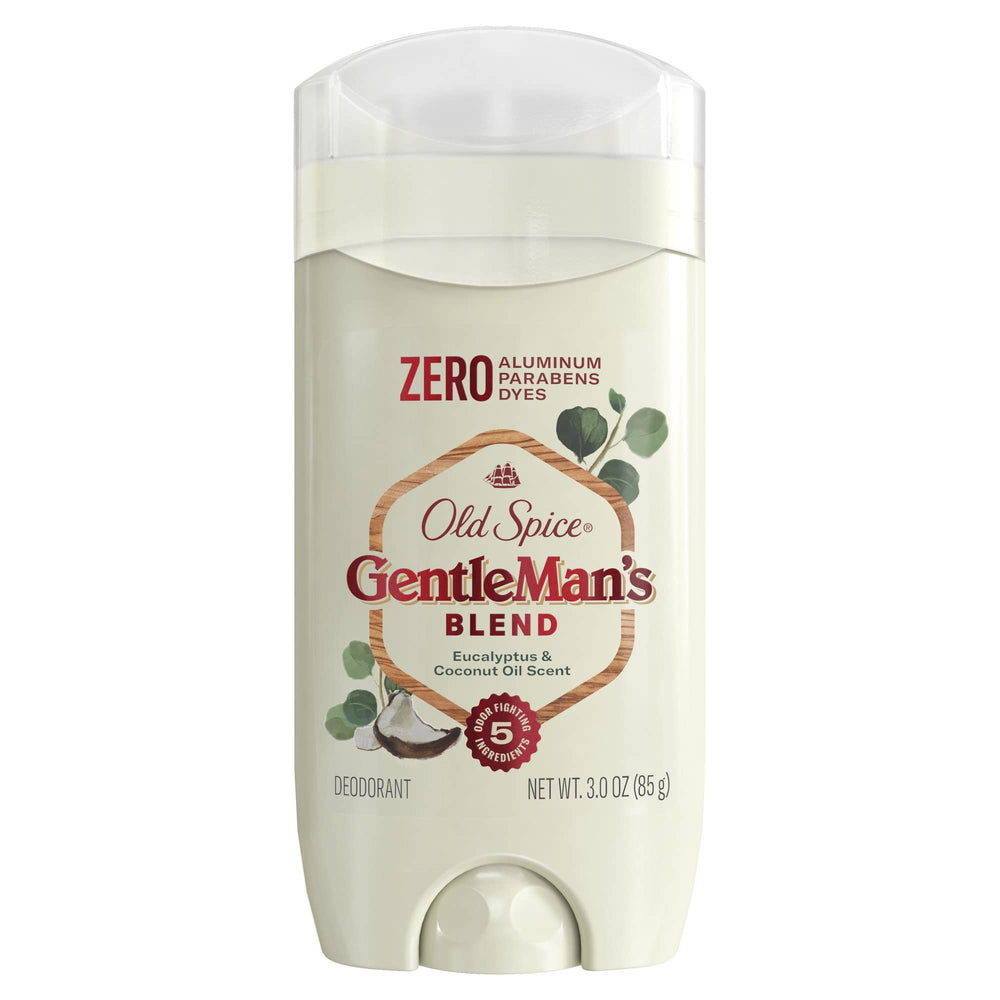 Old Spice GentleMan's Blend deodorant bottle with eucalyptus and coconut oil for daily freshness.