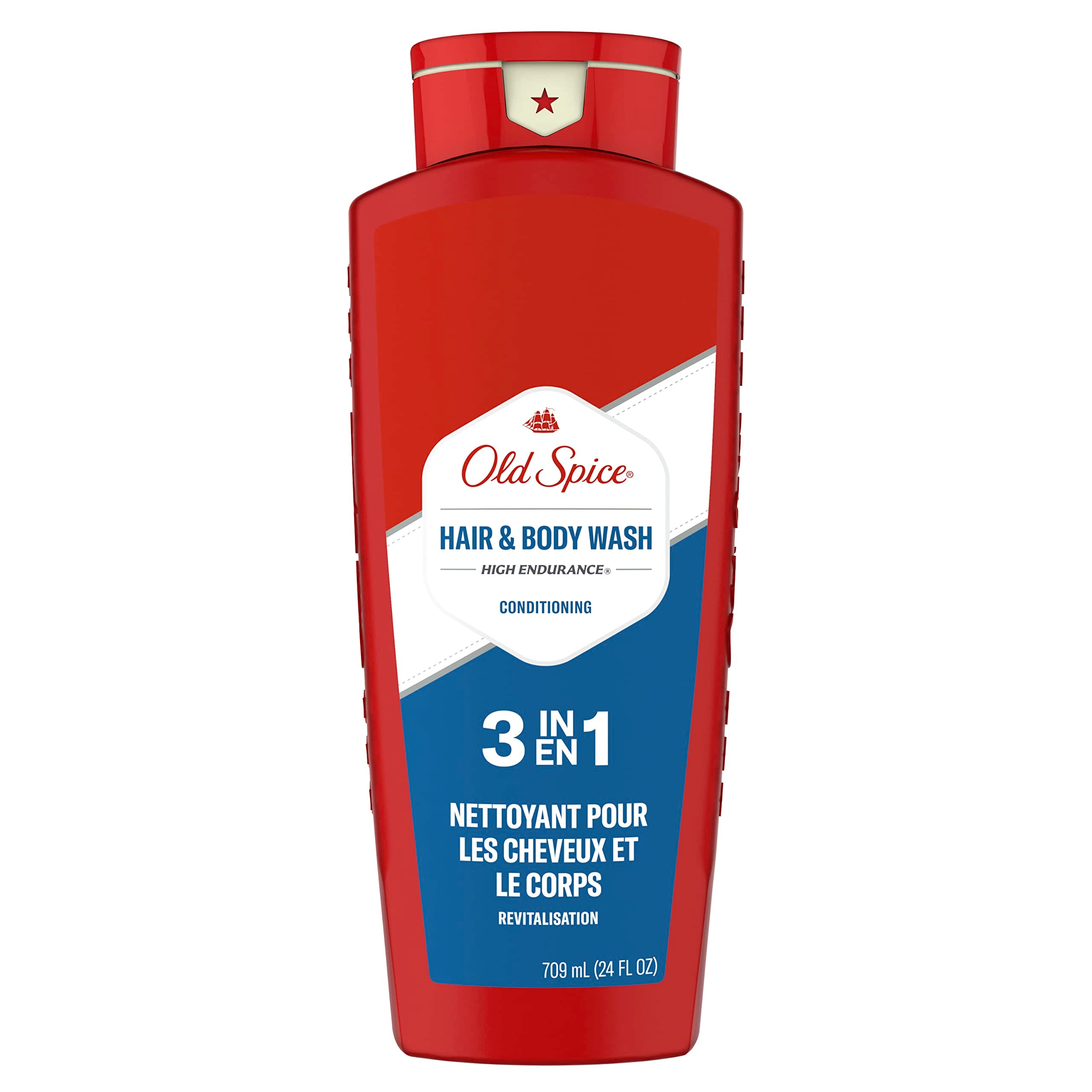 Old Spice High Endurance bottle front shows rugged branding for a confident cleanse