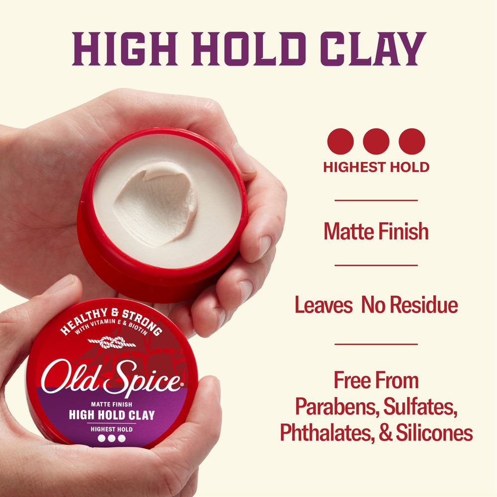 Old Spice High Hold Clay tub showing barbershop scent notes coconut
