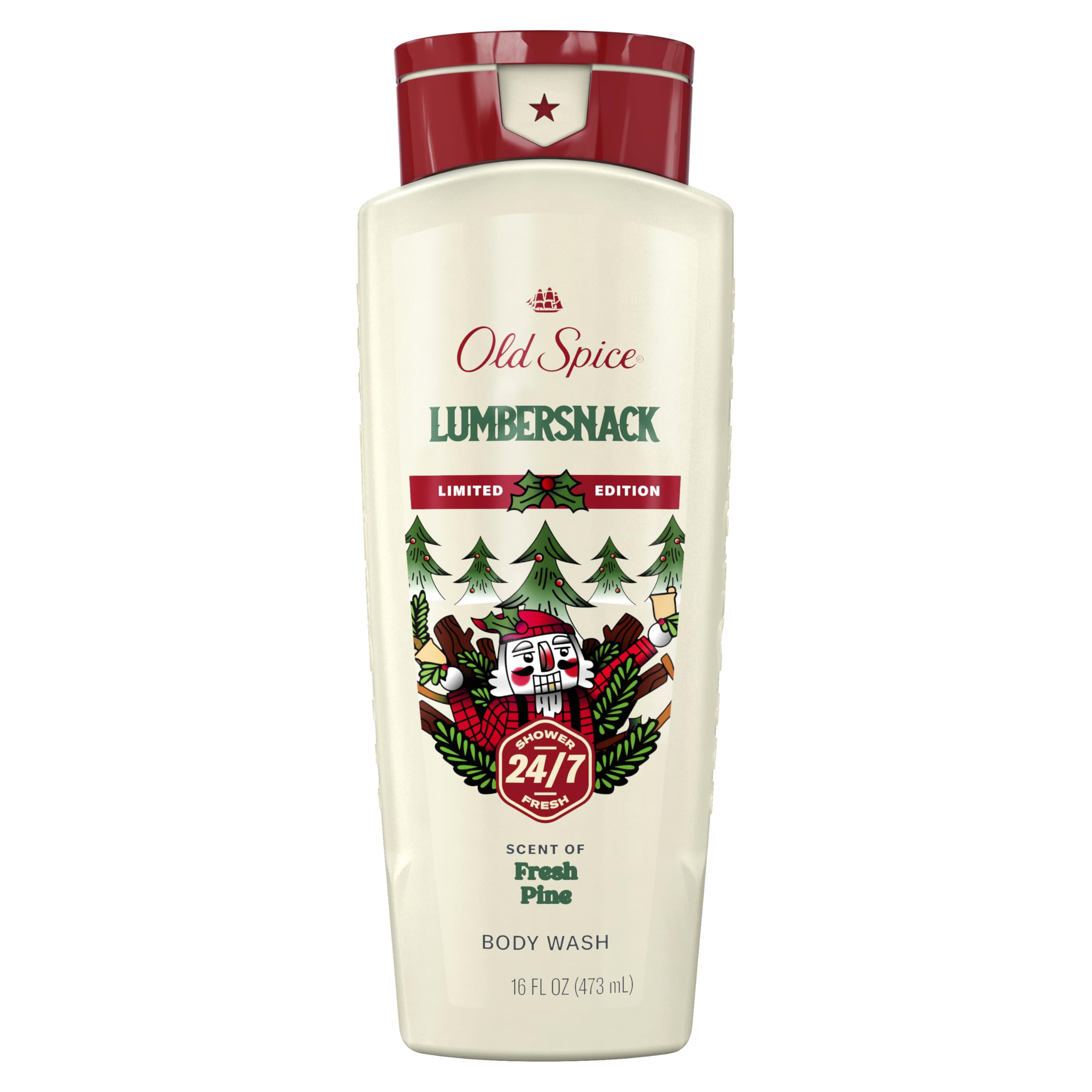 Old Spice Holidude LumberSnack bottle promotes long-lasting holiday freshness for daily showers.