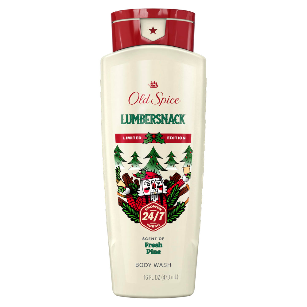 Old Spice Holidude LumberSnack bottle promotes long-lasting holiday freshness for daily showers.