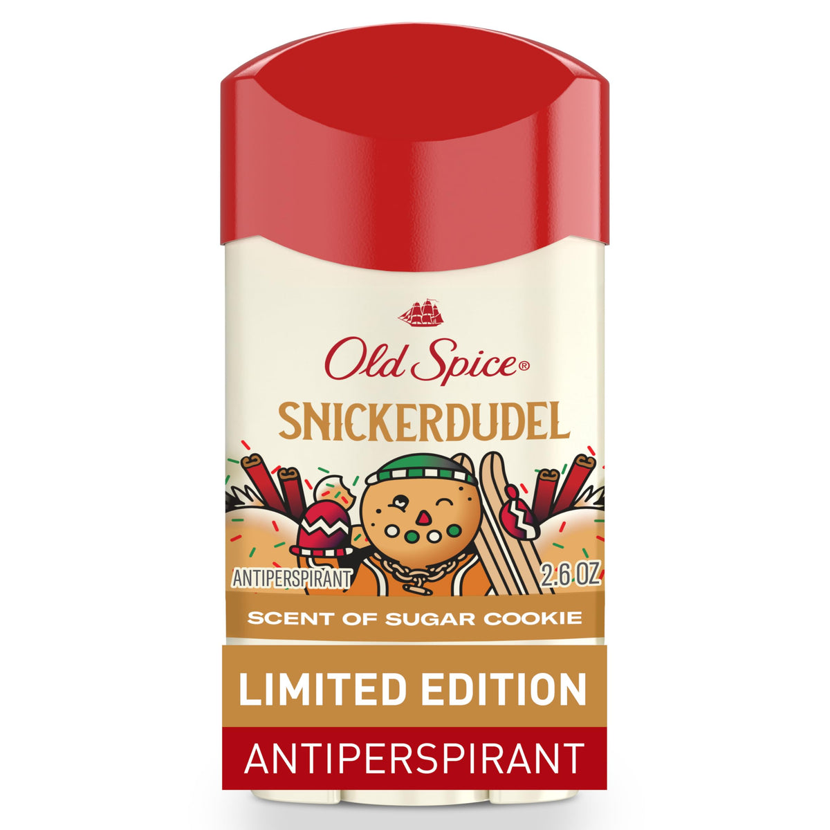 Old Spice Holidude Snickerdudel deodorant stick with festive packaging.