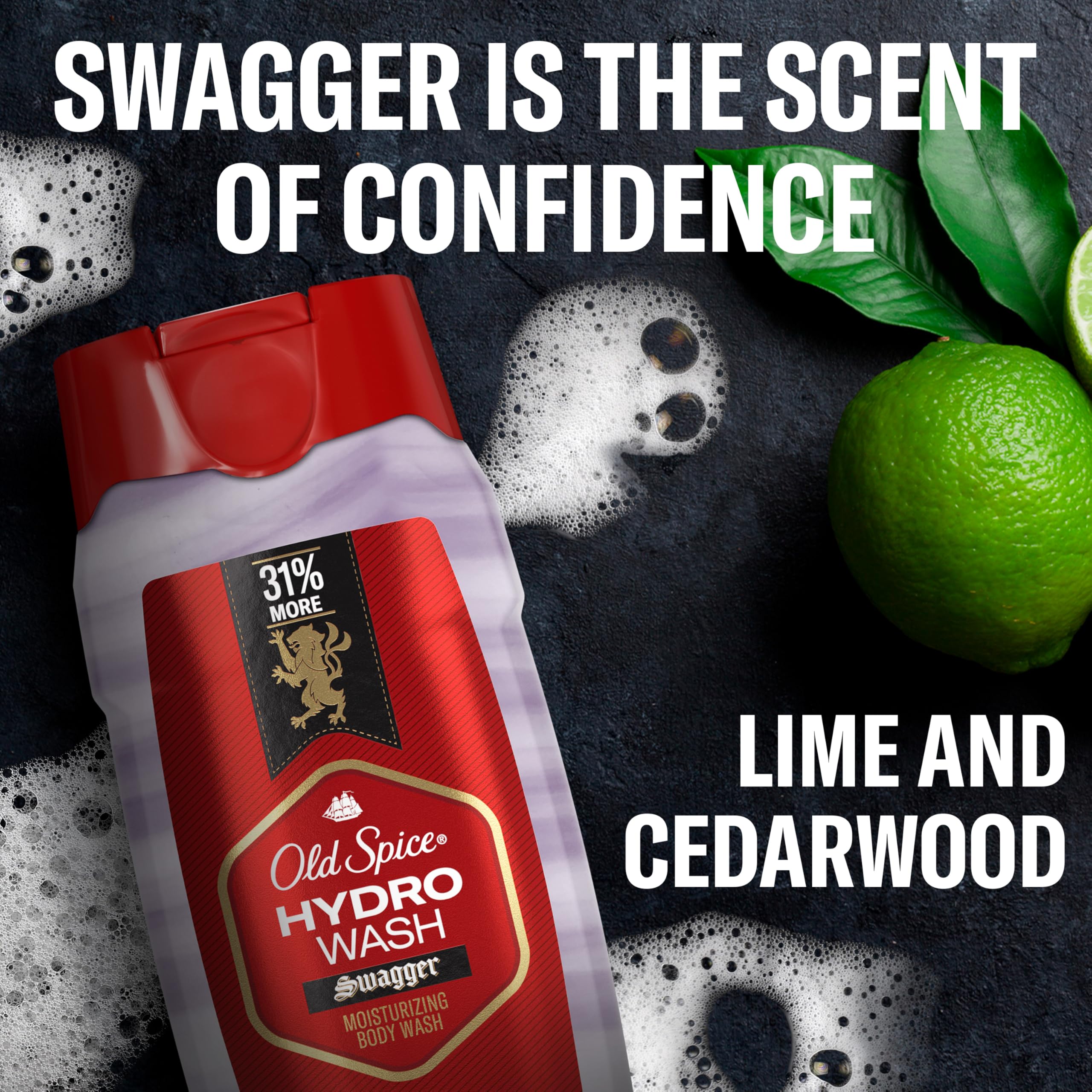 Long-lasting Swagger scent lingers after use of Old Spice Hydro Wash.