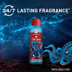 Old Spice Krakengard spray action mid-application shows quick mist