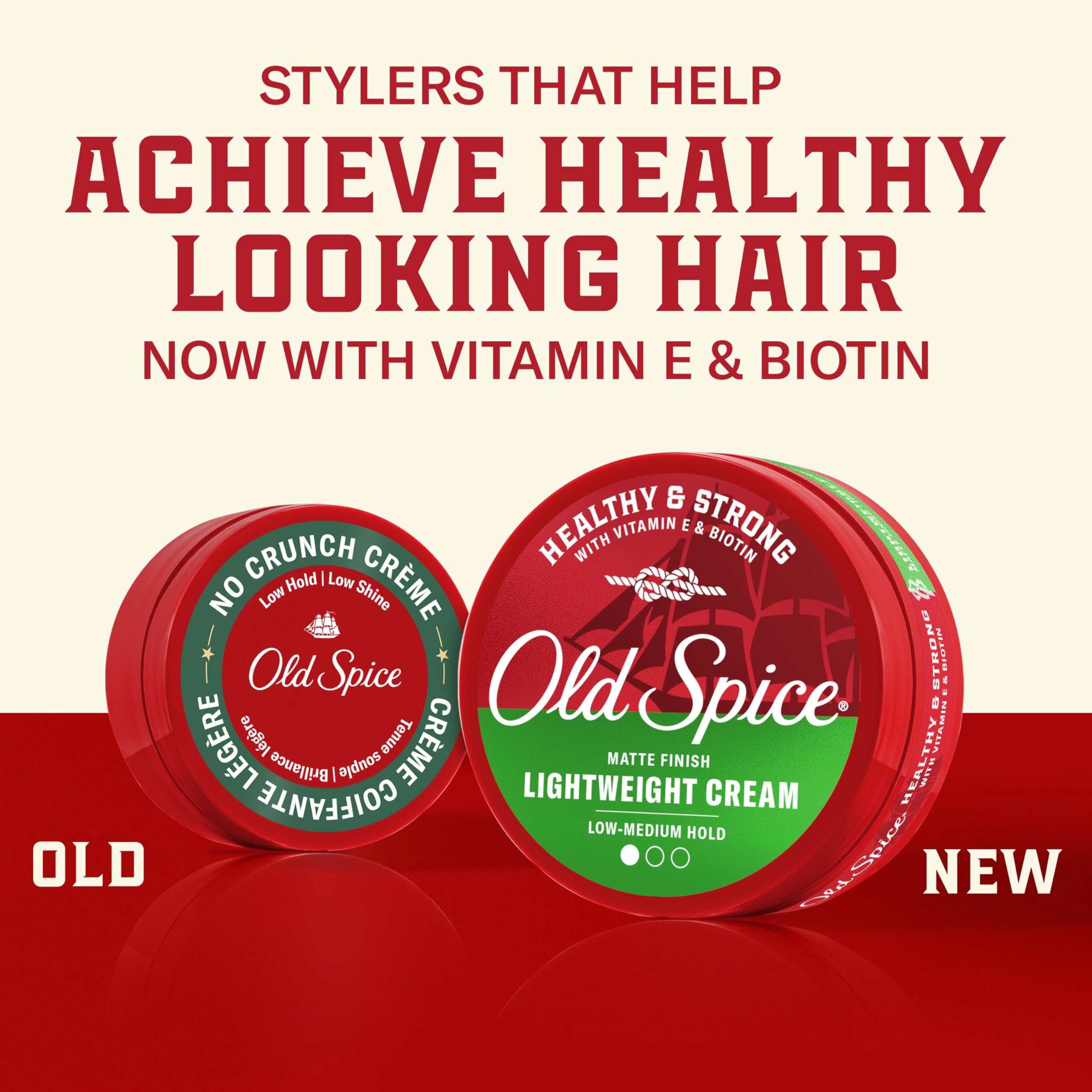 Old Spice Lightweight Cream packaging highlighting vitamin E and biotin.