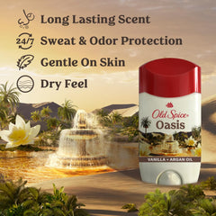 Old Spice Oasis label close-up highlighting vanilla notes.