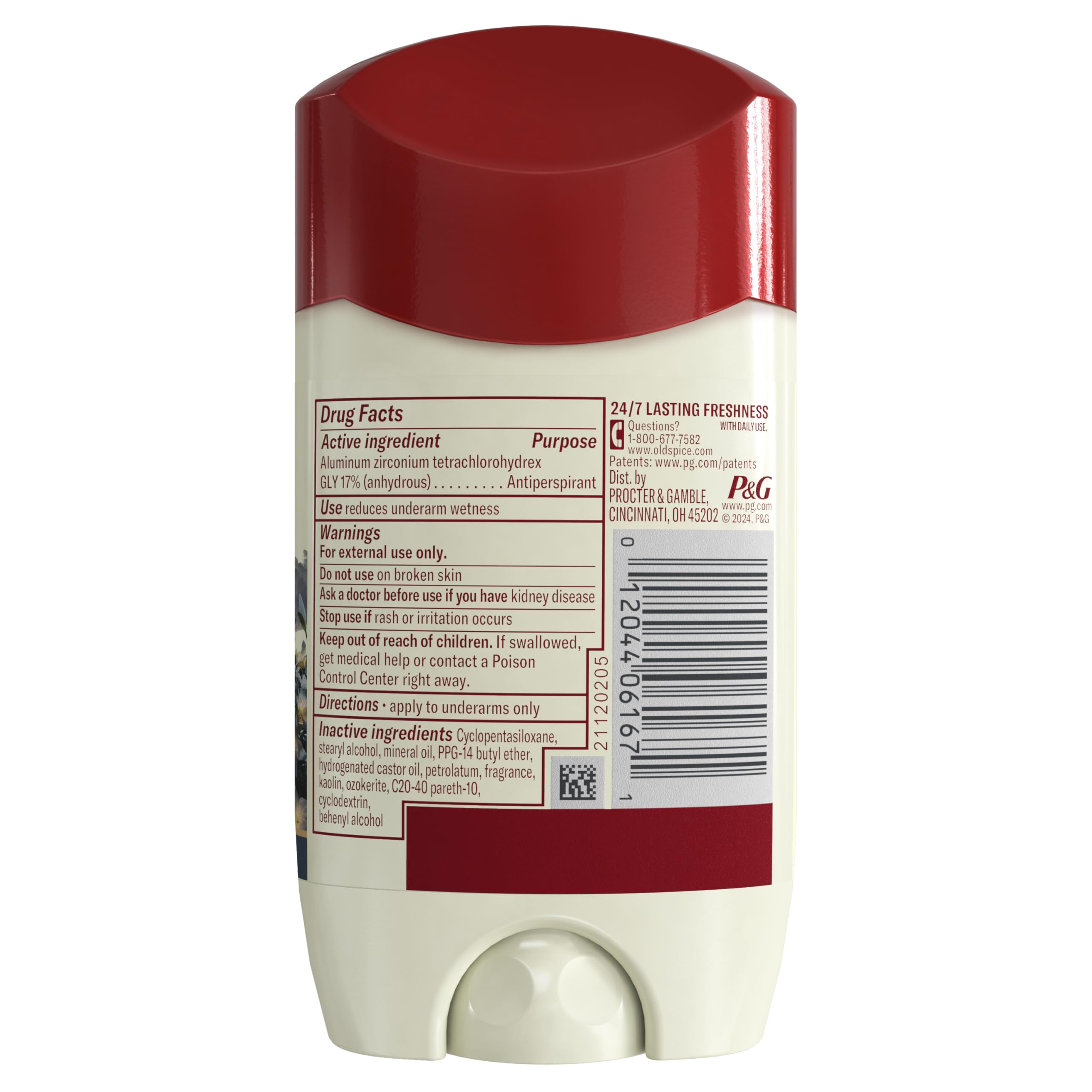 Old Spice packaging back panel highlighting skin conditioners and scent notes