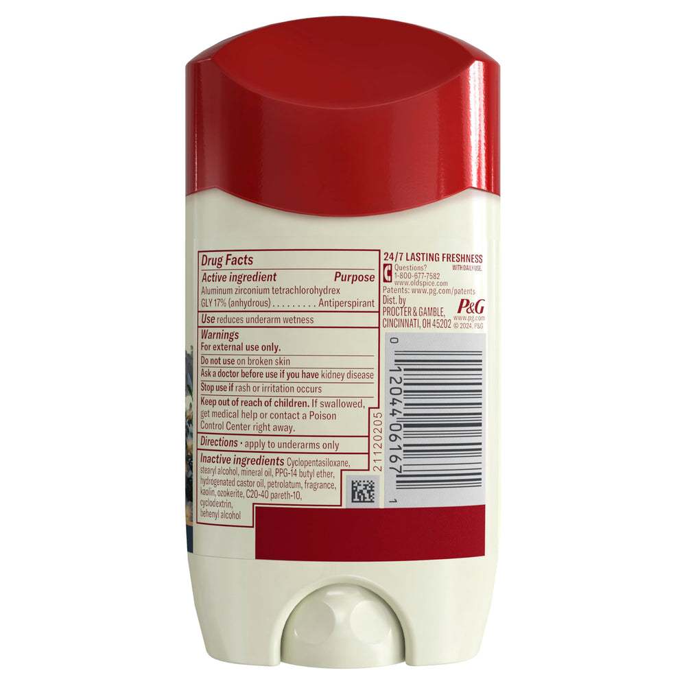 Old Spice packaging back panel highlighting skin conditioners and scent notes